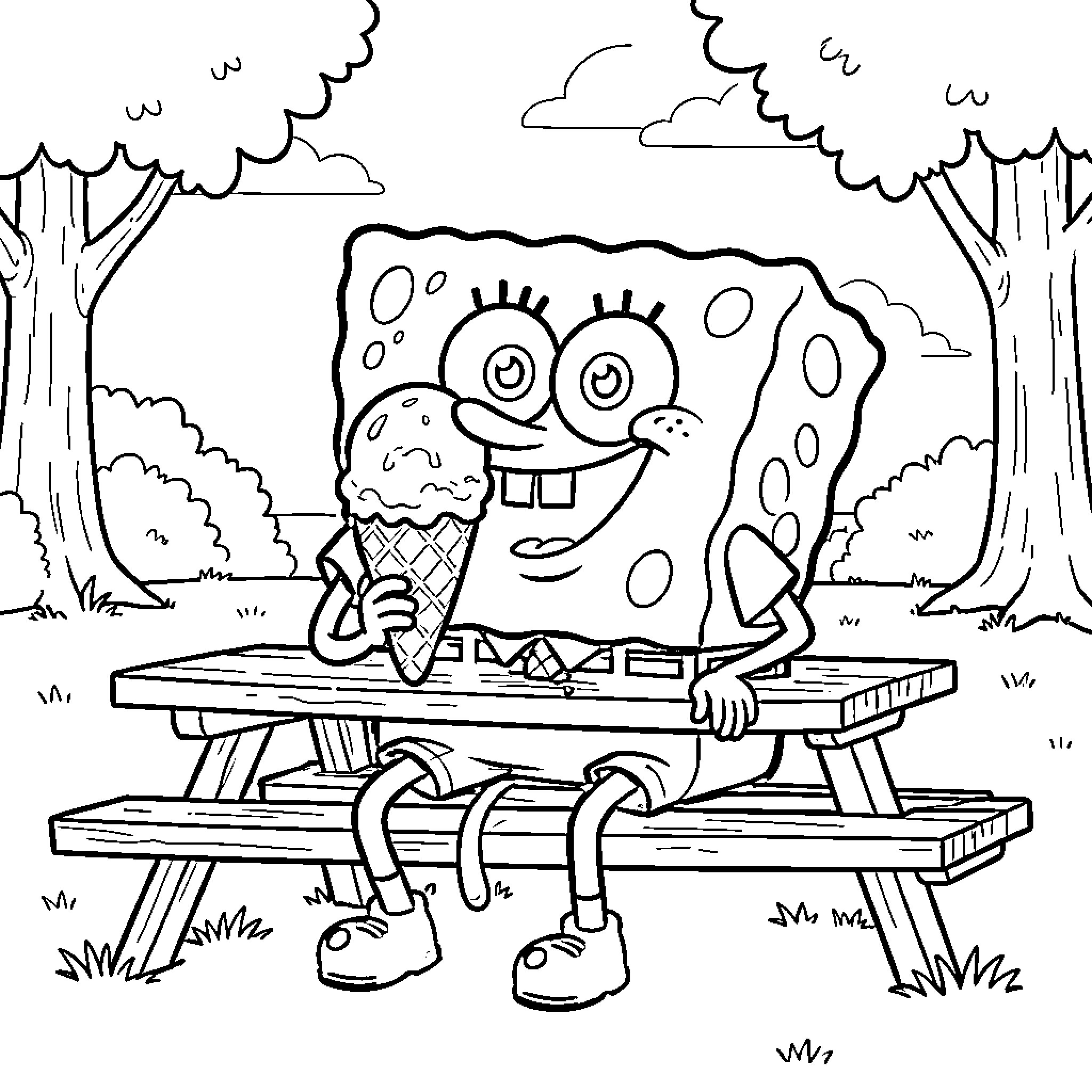 Spongebob eating an ice cream cone at a picnic Coloring Page (free black-and-white line drawing printable PDF for all, from beginners to advanced learners, including children, teens, adults, and seniors)
