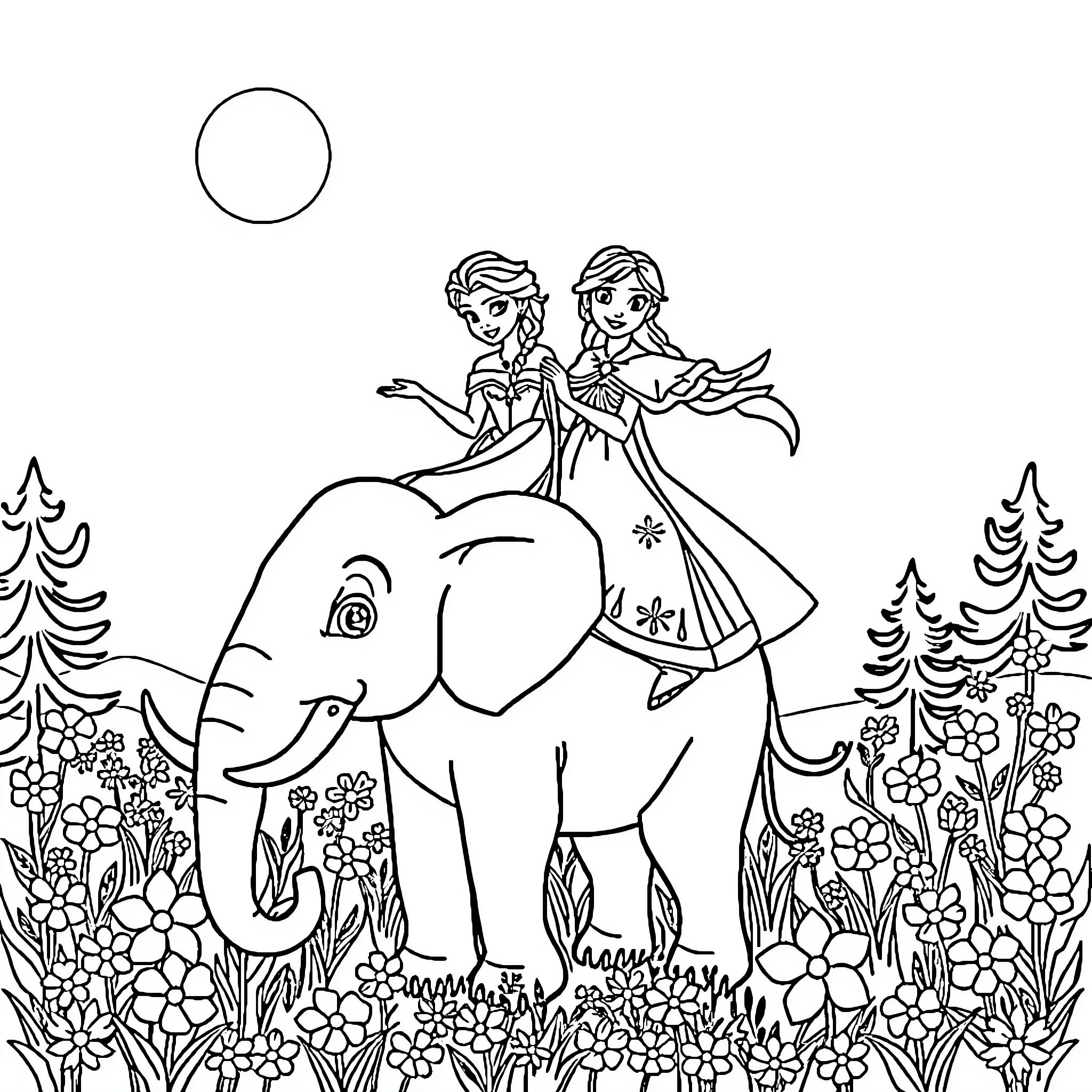 Princess Sisters Ride Majestic Elephant in Enchanted Meadow Coloring Page (free black-and-white line drawing printable PDF for all, from beginners to advanced learners, including children, teens, adults, and seniors)