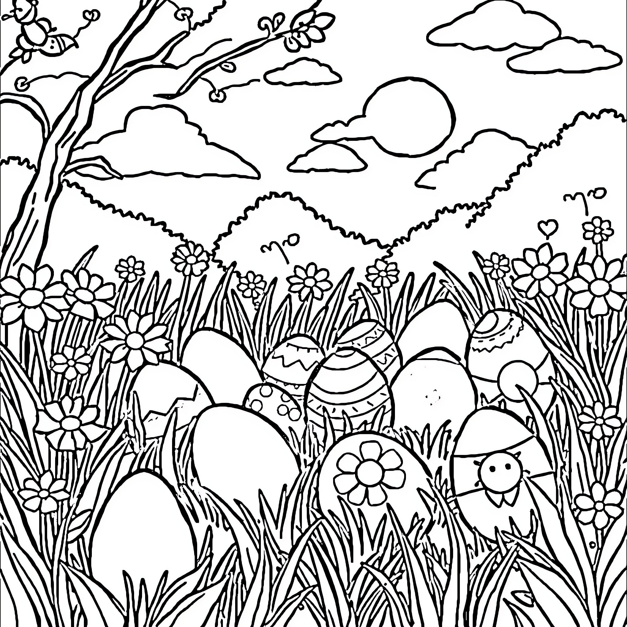 Easter Scene with Decorated Eggs and Flowers Coloring Page (free black-and-white line drawing printable PDF for all, from beginners to advanced learners, including children, teens, adults, and seniors)