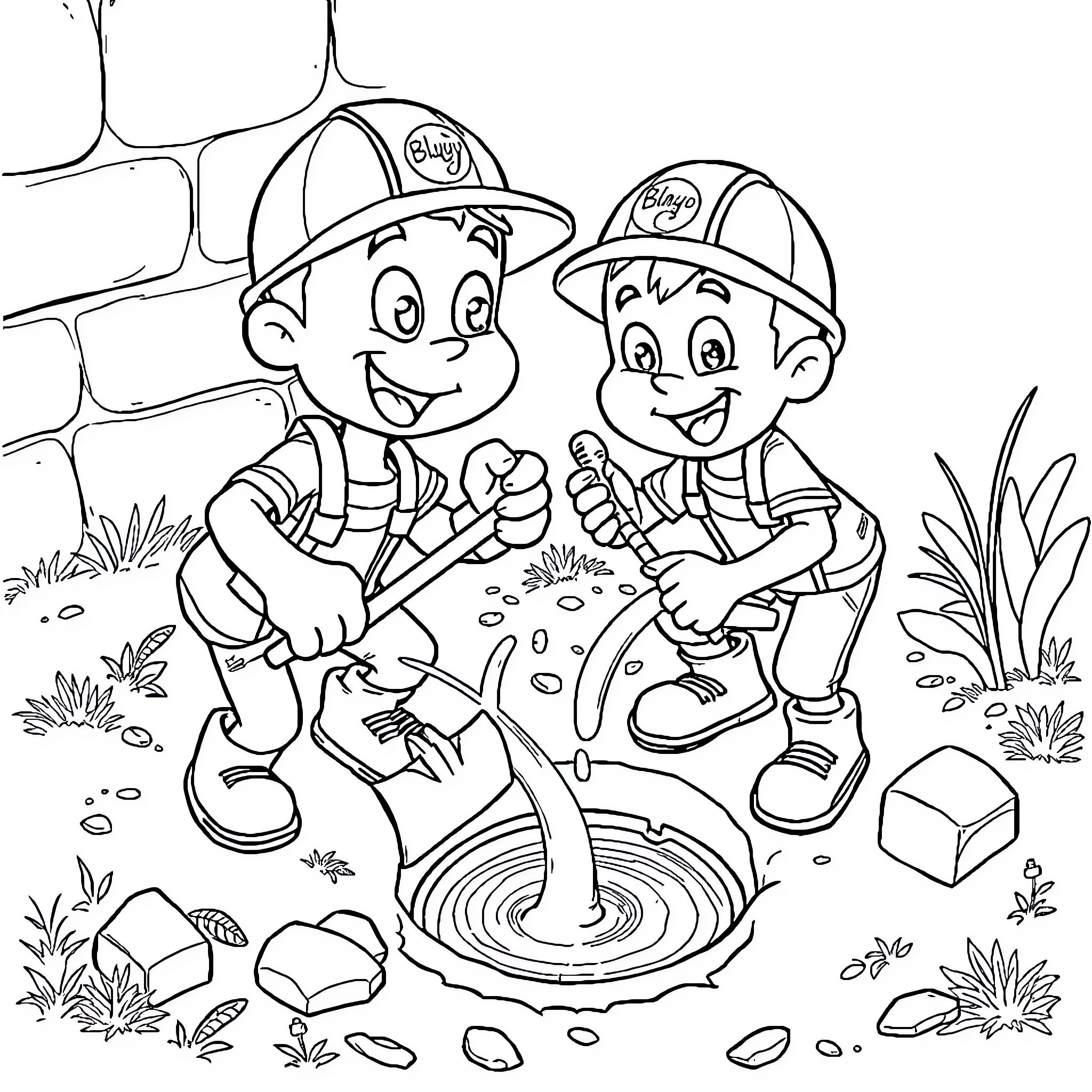 Bluey Builders Explore the Outdoors Coloring Page (free black-and-white line drawing printable PDF for all, from beginners to advanced learners, including children, teens, adults, and seniors)