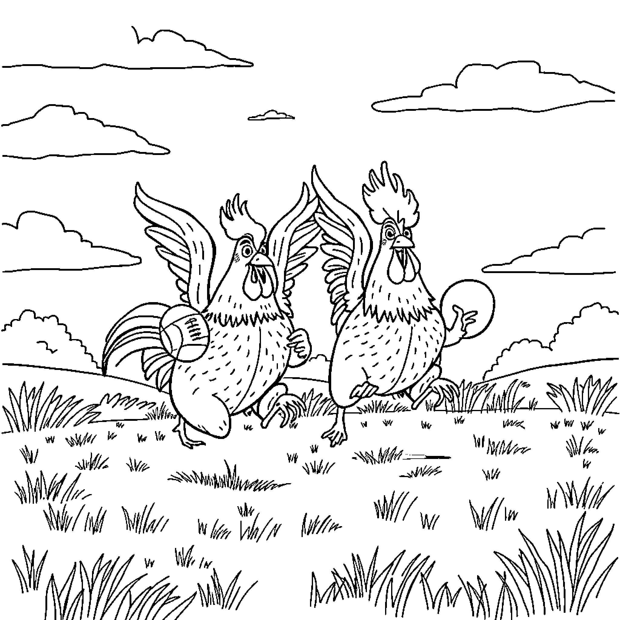 Roosters in a pastoral scene Coloring Page (free black-and-white line drawing printable PDF for all, from beginners to advanced learners, including children, teens, adults, and seniors)