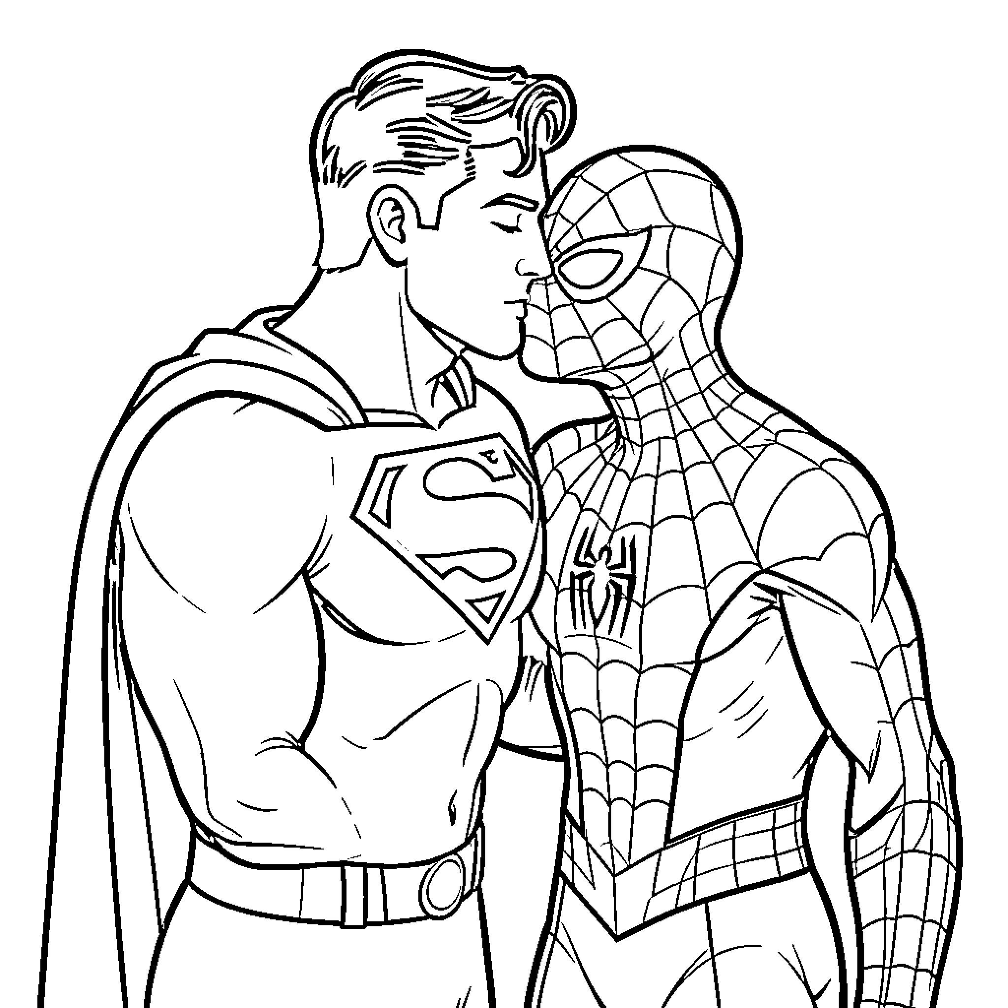 Superman and Spiderman striking a pose Coloring Page (free black-and-white line drawing printable PDF for all, from beginners to advanced learners, including children, teens, adults, and seniors)