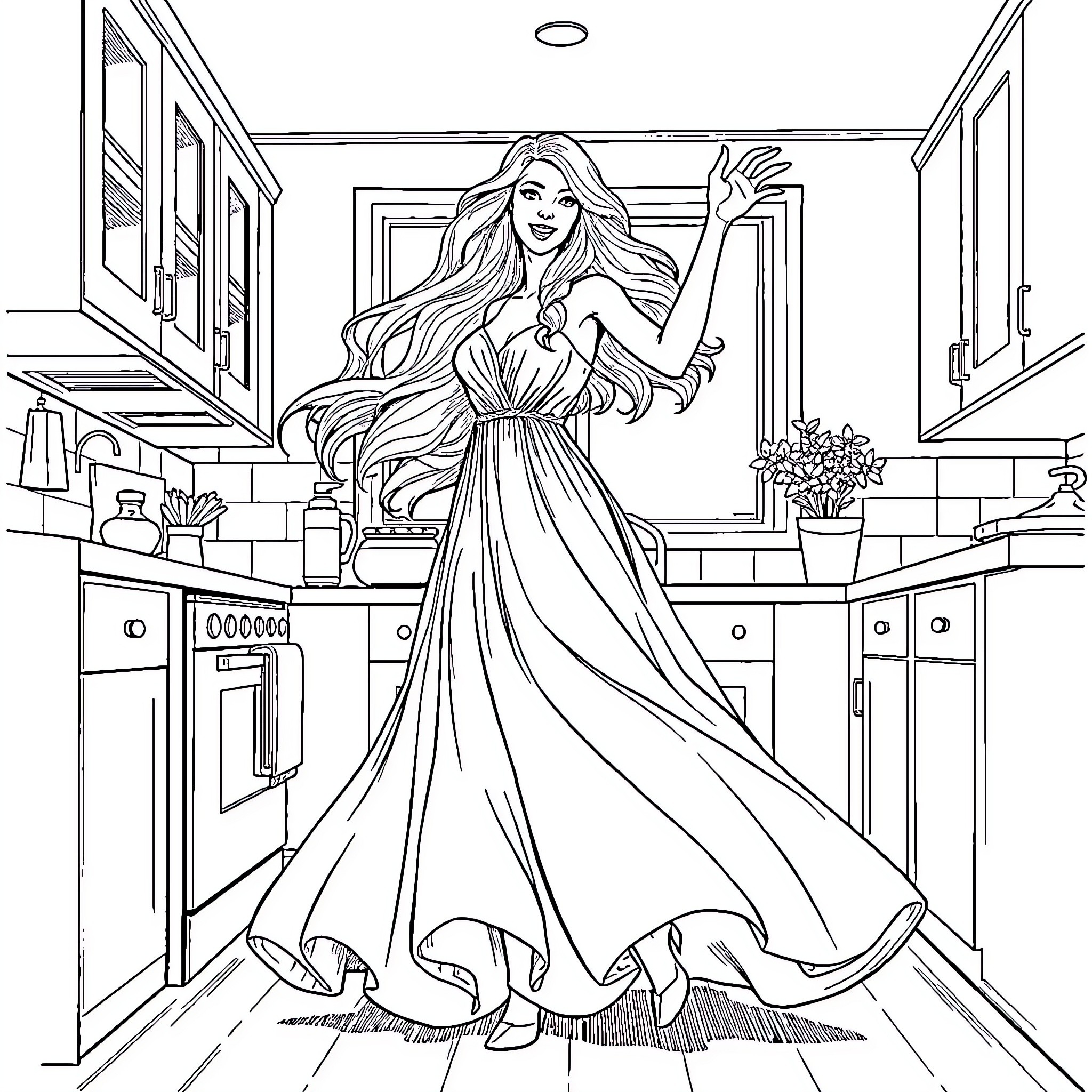 Woman in long dress posing in kitchen Coloring Page (free black-and-white line drawing printable PDF for all, from beginners to advanced learners, including children, teens, adults, and seniors)