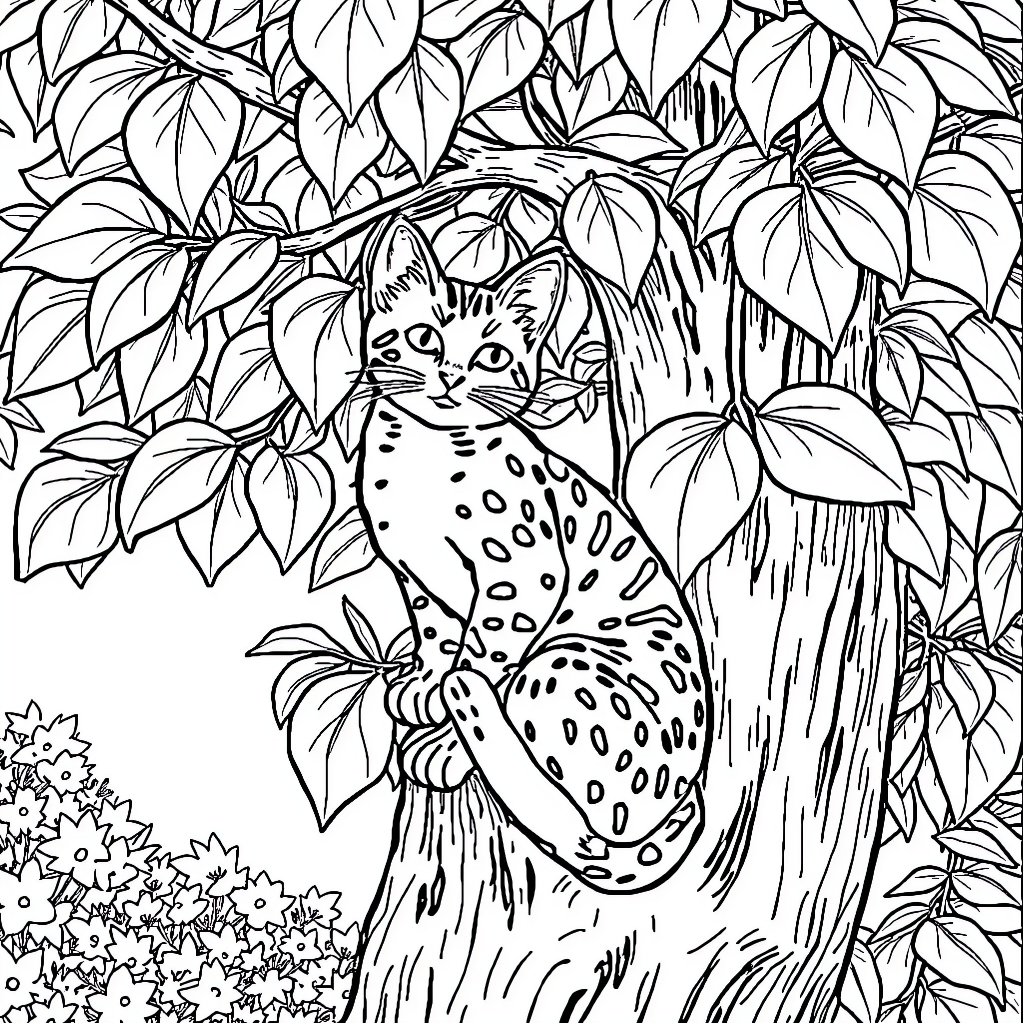 Zaqueo the Spotted Cat in the Lush Foliage Coloring Page (free black-and-white line drawing printable PDF for all, from beginners to advanced learners, including children, teens, adults, and seniors)