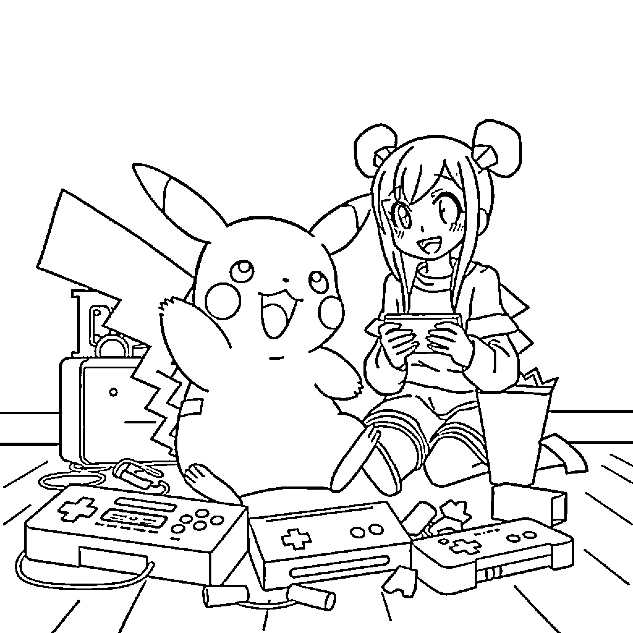 Pikachu and girl playing video games together Coloring Page (free black-and-white line drawing printable PDF for all, from beginners to advanced learners, including children, teens, adults, and seniors)