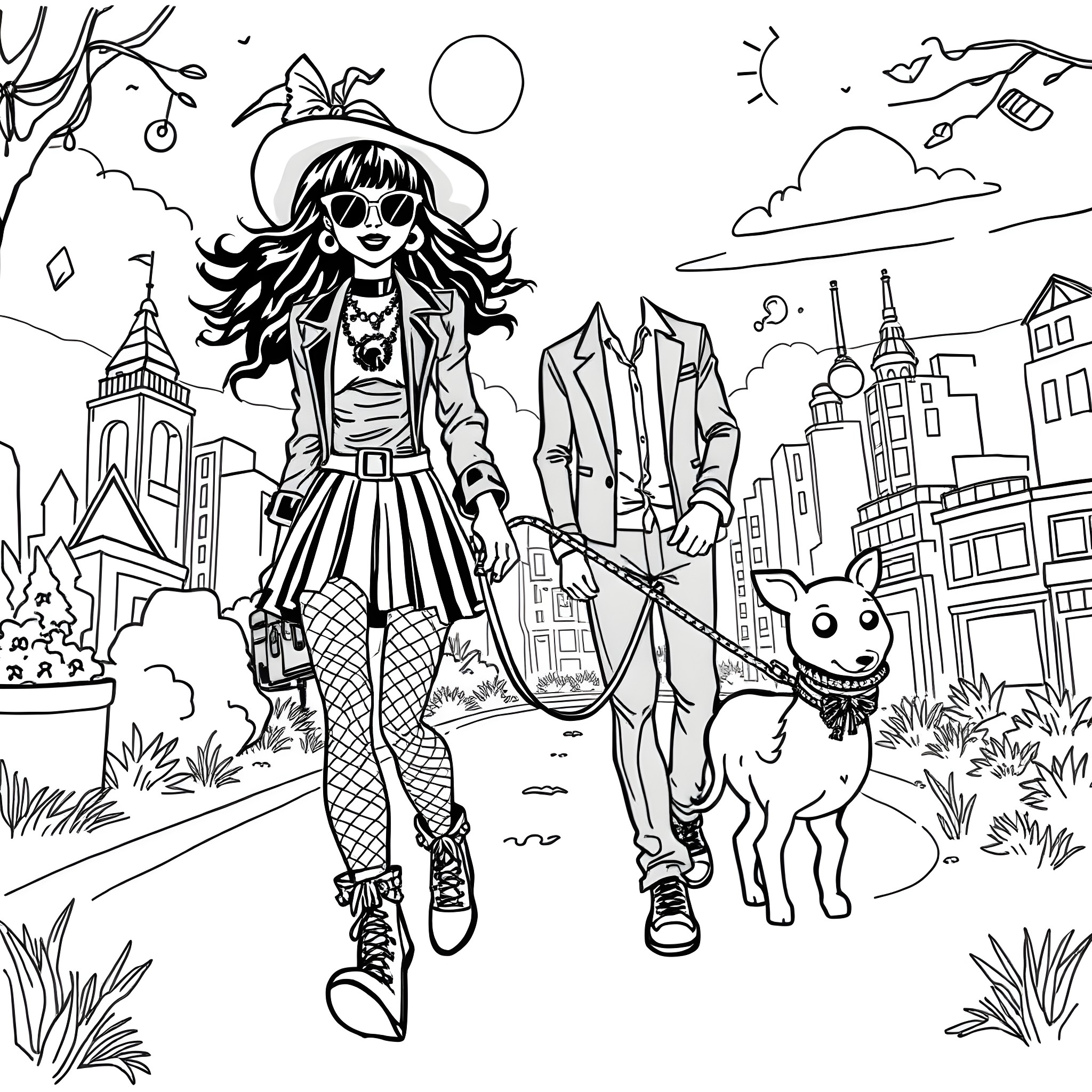 Goth Mom and her Quirky Companion Explore the City Coloring Page (free black-and-white line drawing printable PDF for all, from beginners to advanced learners, including children, teens, adults, and seniors)