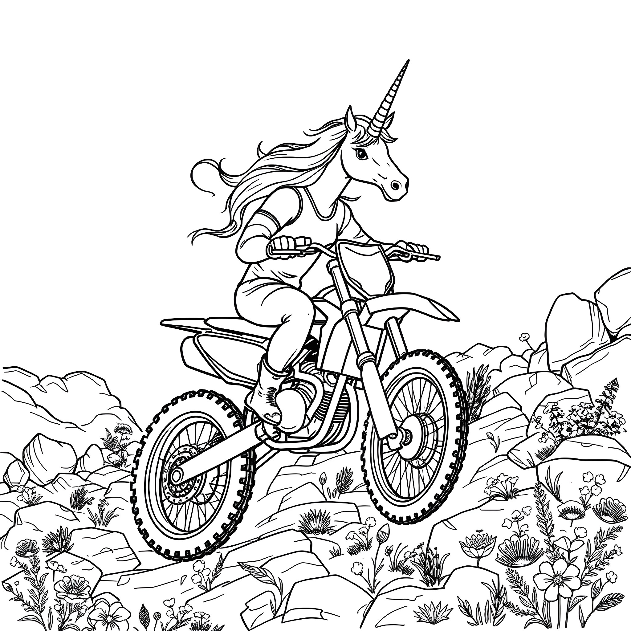Unicorn riding a dirt bike through nature Coloring Page (free black-and-white line drawing printable PDF for all, from beginners to advanced learners, including children, teens, adults, and seniors)