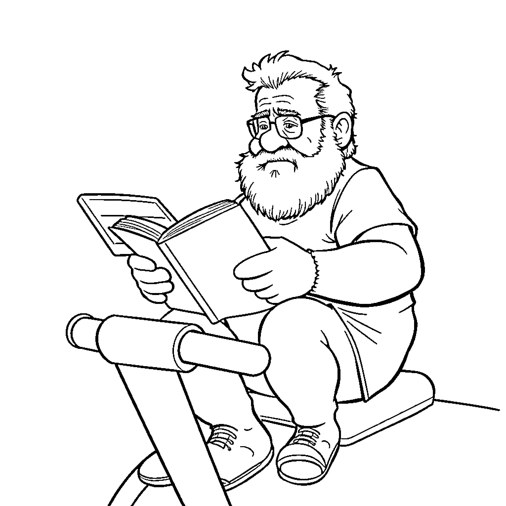Danny DeVito reading a book intently Coloring Page (free black-and-white line drawing printable PDF for all, from beginners to advanced learners, including children, teens, adults, and seniors)