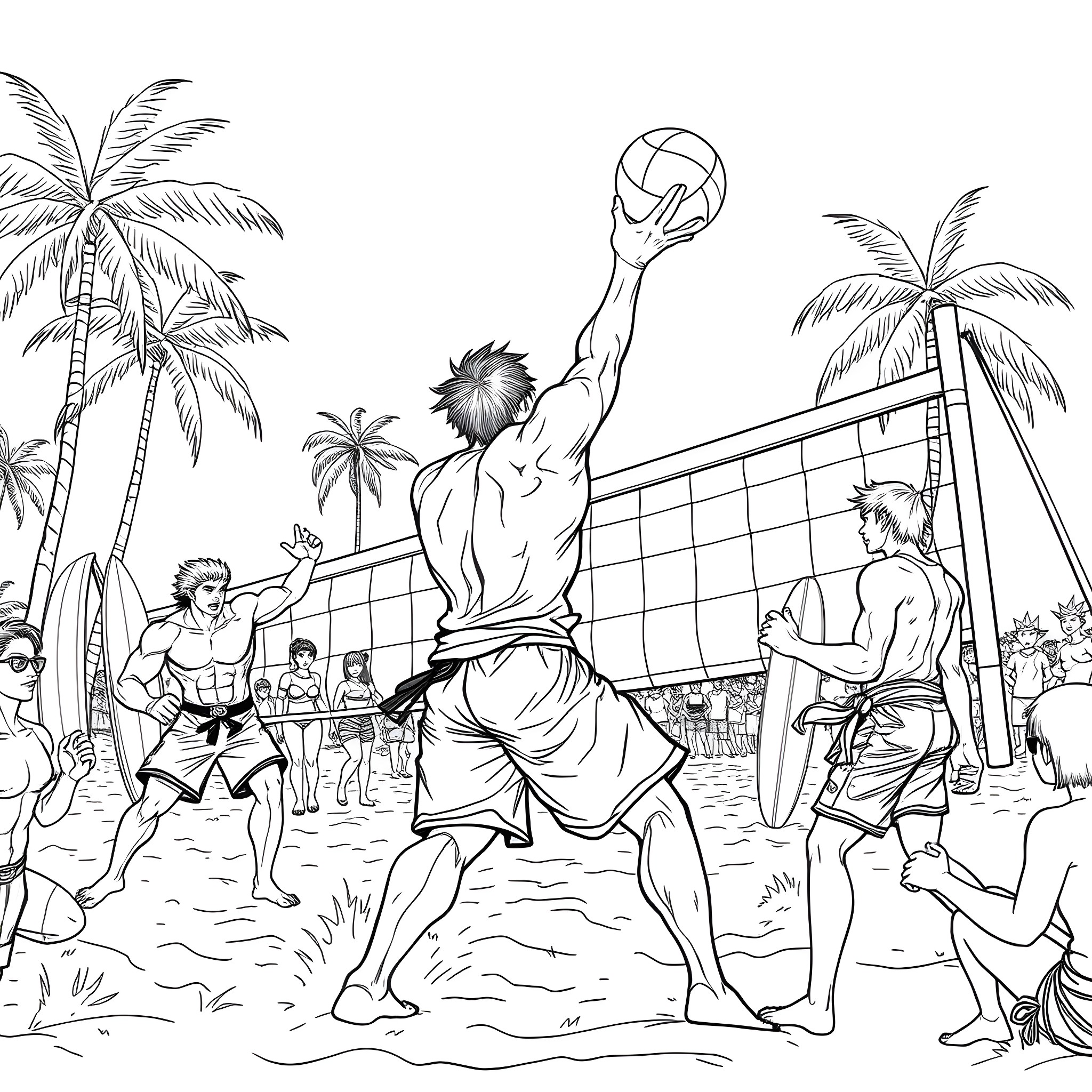 Tekken beach volleyball showdown Coloring Page (free black-and-white line drawing printable PDF for all, from beginners to advanced learners, including children, teens, adults, and seniors)