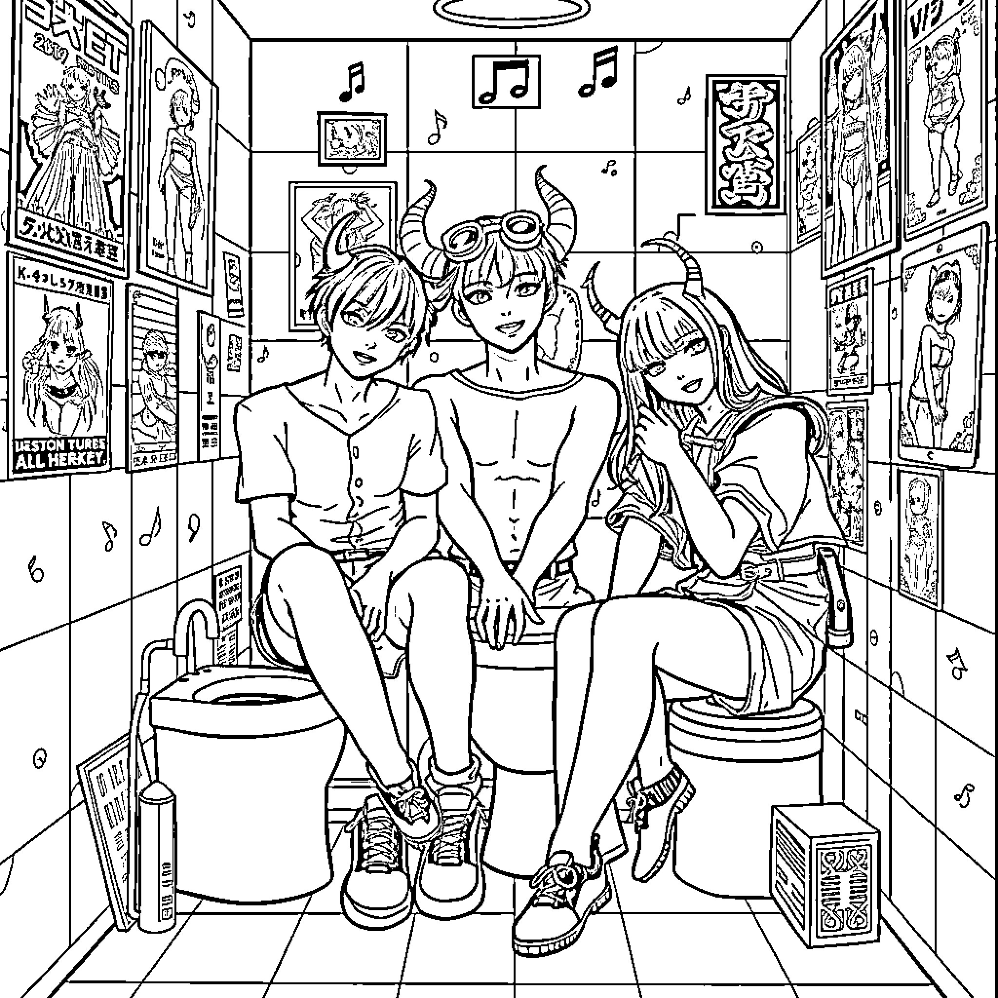 Demon Hunters Relax in Anime-Inspired Hangout Coloring Page (free black-and-white line drawing printable PDF for all, from beginners to advanced learners, including children, teens, adults, and seniors)