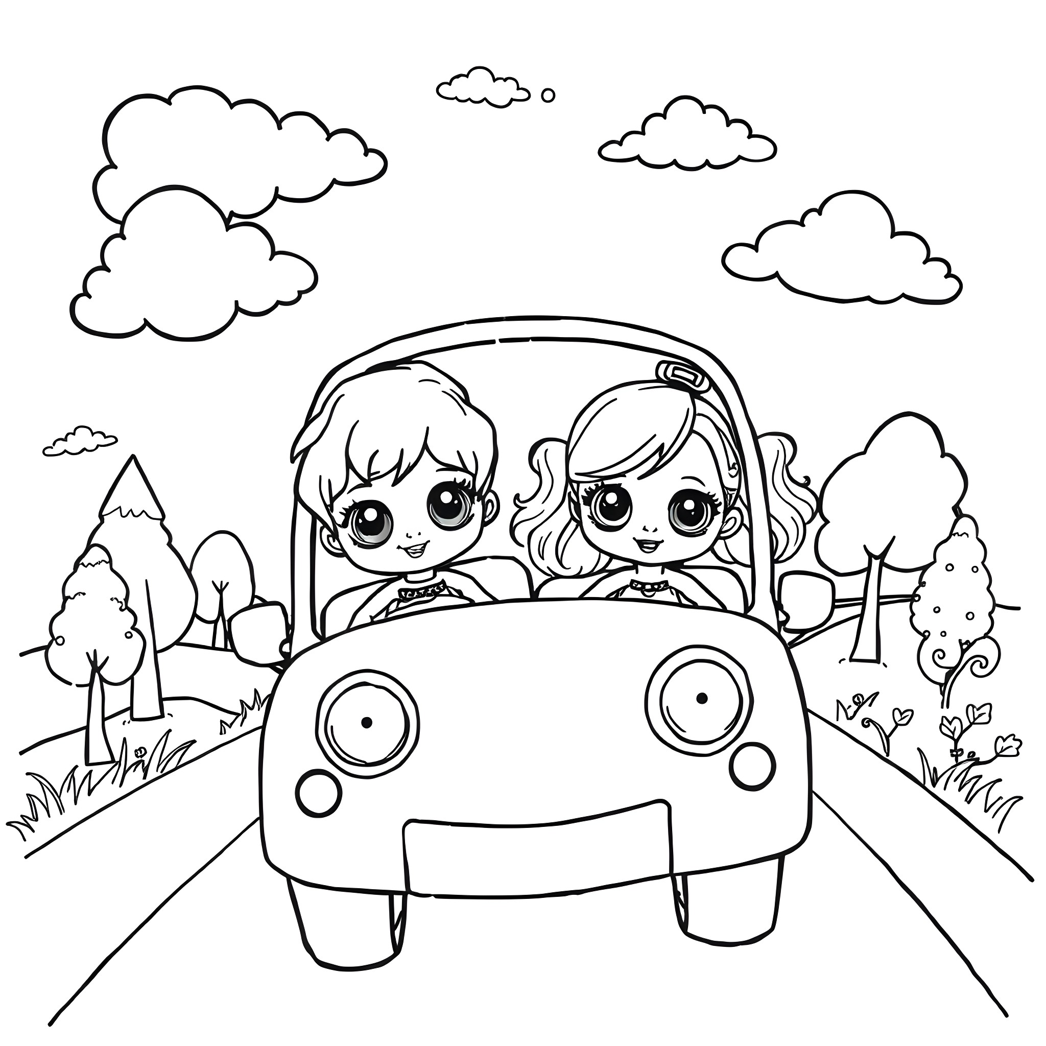 Doll couple driving in a funny car Coloring Page (free black-and-white line drawing printable PDF for all, from beginners to advanced learners, including children, teens, adults, and seniors)