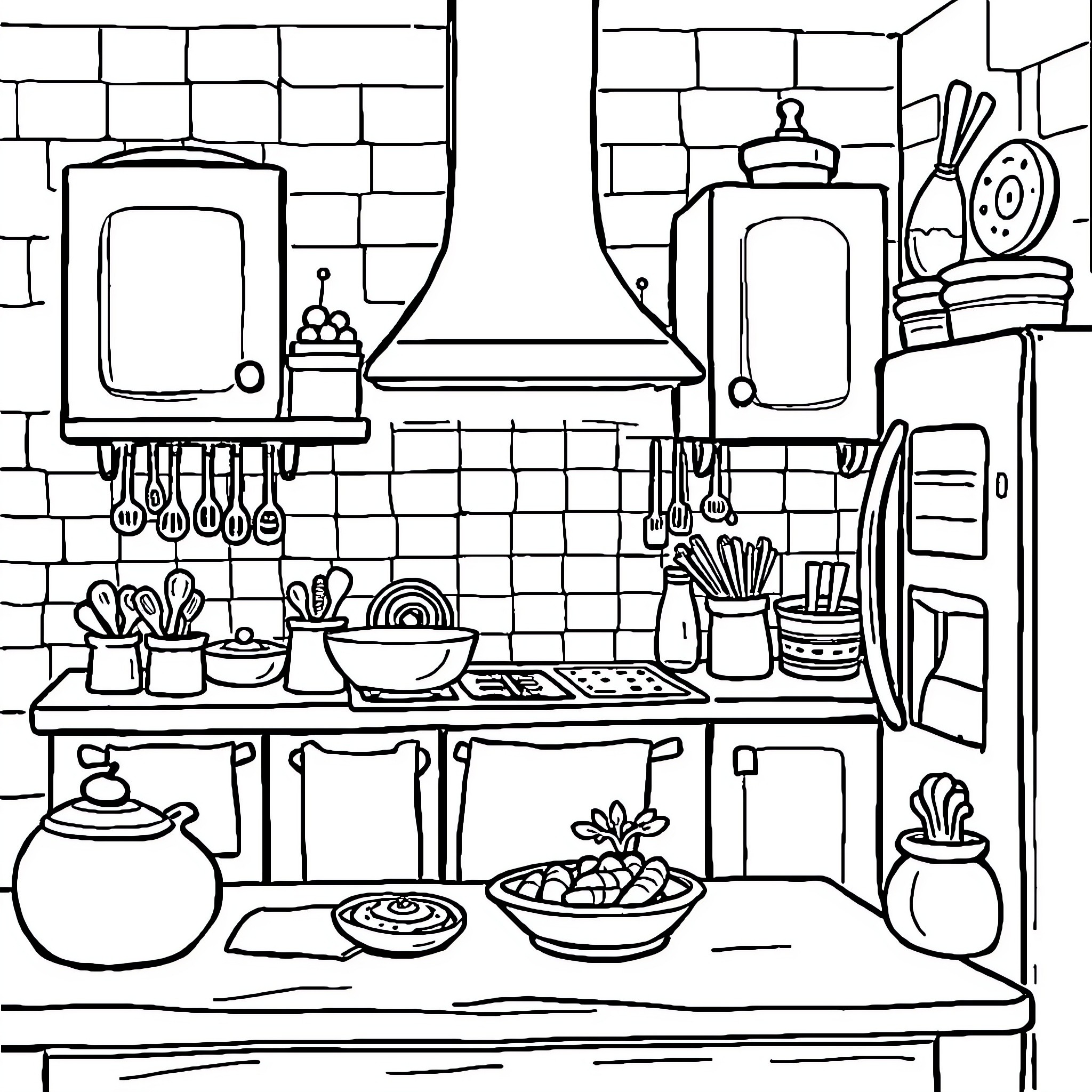 Kitchen utensils and appliances on display Coloring Page (free black-and-white line drawing printable PDF for all, from beginners to advanced learners, including children, teens, adults, and seniors)