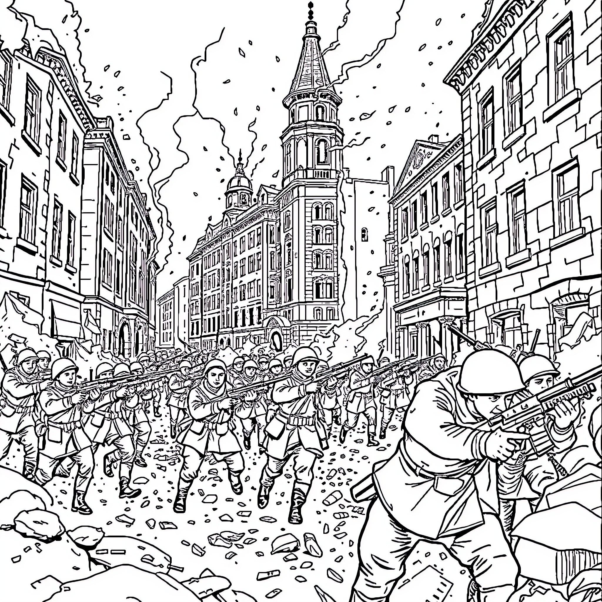 Stalingrad: Soldiers Battling Amidst Rubble and Chaos Coloring Page (free black-and-white line drawing printable PDF for all, from beginners to advanced learners, including children, teens, adults, and seniors)