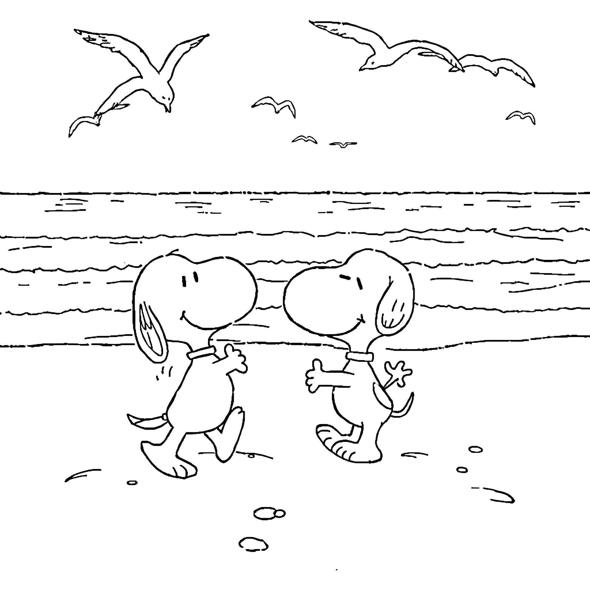Snoopy and Friend Frolicking on the Beach Coloring Page (free black-and-white line drawing printable PDF for all, from beginners to advanced learners, including children, teens, adults, and seniors)