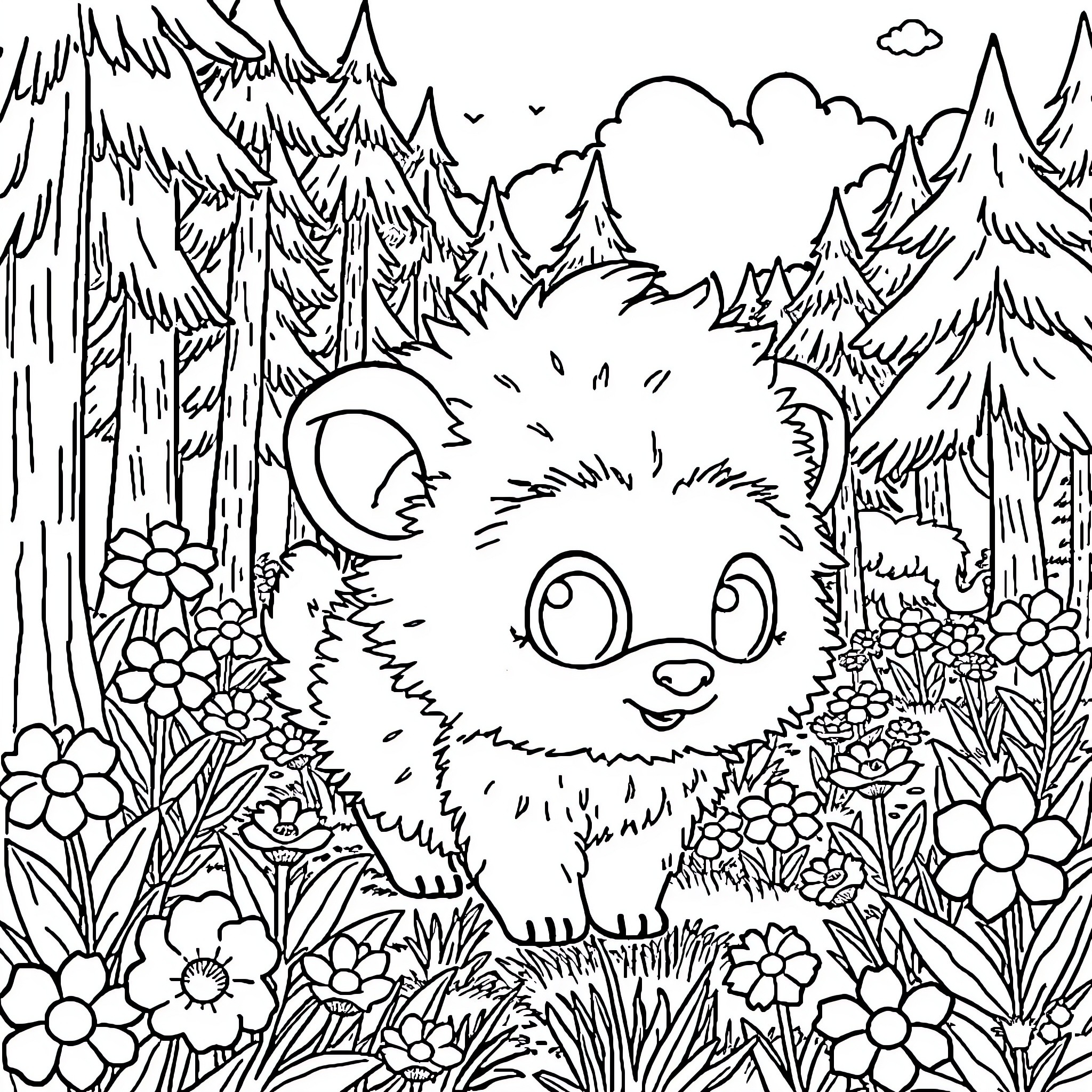 Labubu explores the enchanted forest Coloring Page (free black-and-white line drawing printable PDF for all, from beginners to advanced learners, including children, teens, adults, and seniors)