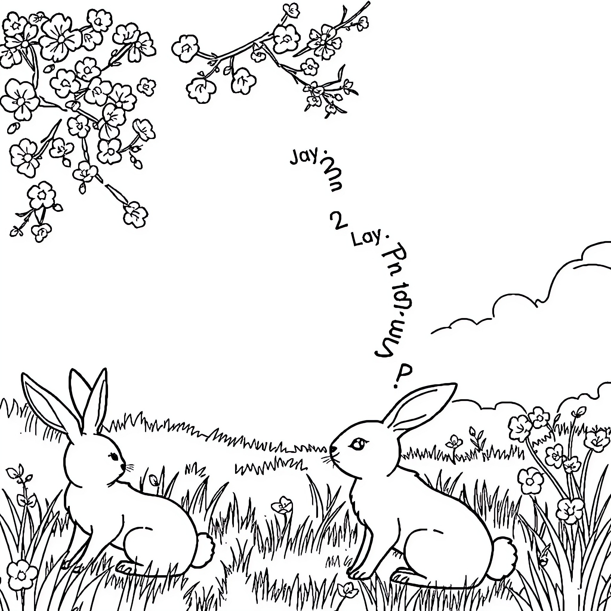 Stella's Spring Stroll with Rabbits and Blossoms Coloring Page (free black-and-white line drawing printable PDF for all, from beginners to advanced learners, including children, teens, adults, and seniors)