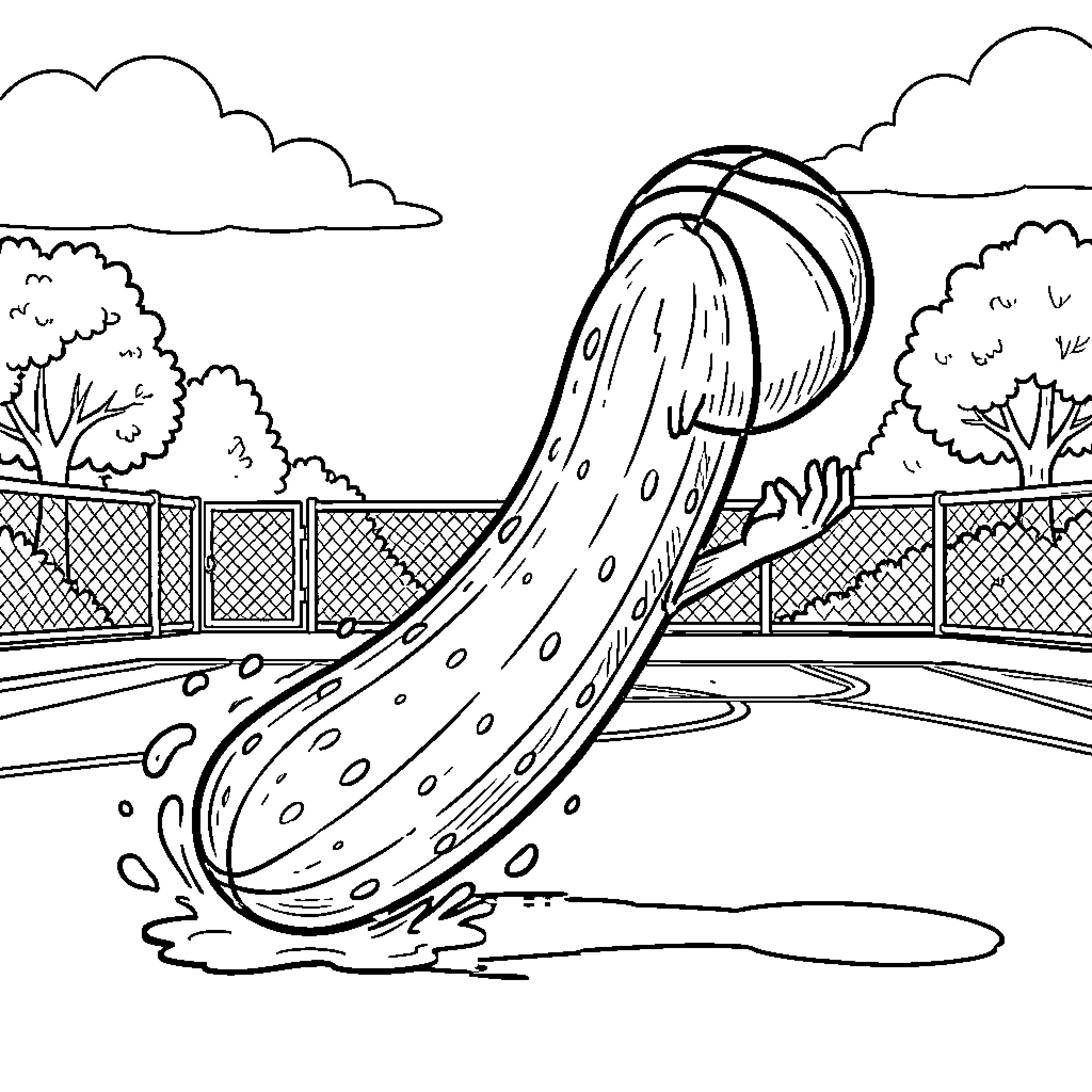 Pickle Slides Down Waterslide at Park Coloring Page (free black-and-white line drawing printable PDF for all, from beginners to advanced learners, including children, teens, adults, and seniors)