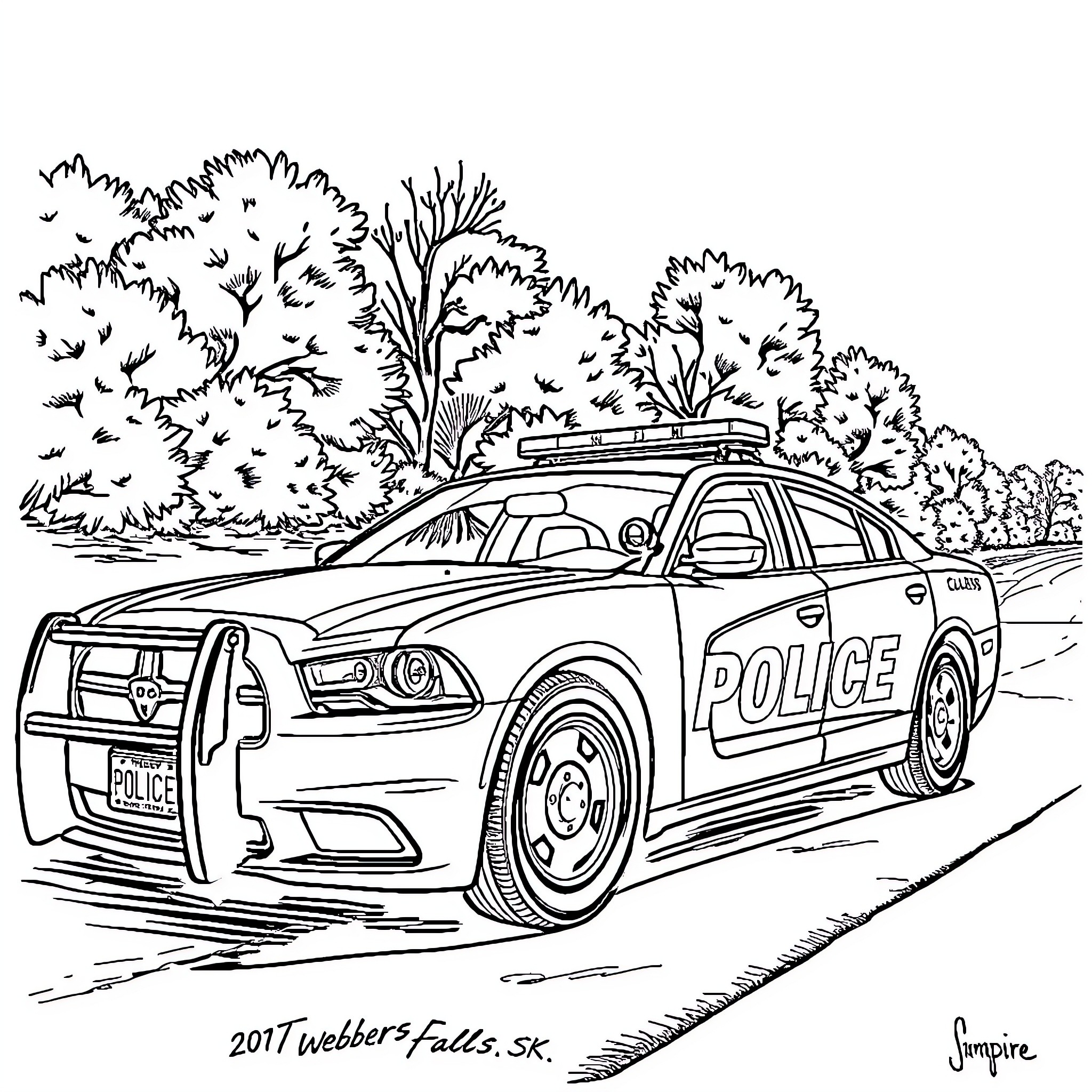 Police Car Patrolling Scenic Forest Road Coloring Page (free black-and-white line drawing printable PDF for all, from beginners to advanced learners, including children, teens, adults, and seniors)
