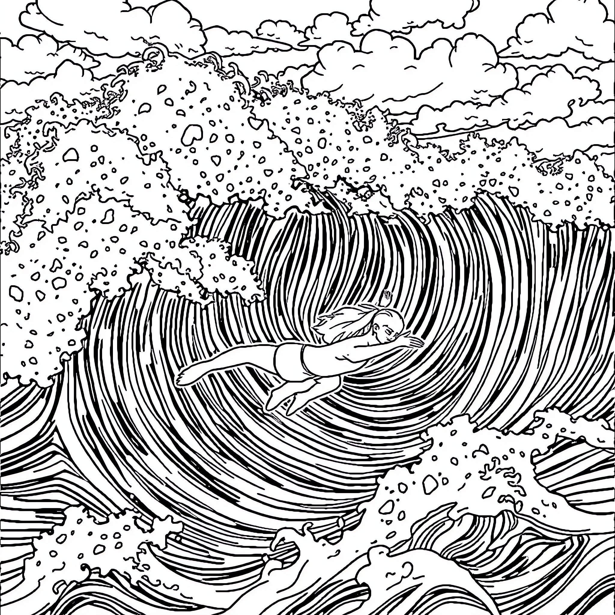 Ocean person surfing large crashing wave Coloring Page (free black-and-white line drawing printable PDF for all, from beginners to advanced learners, including children, teens, adults, and seniors)
