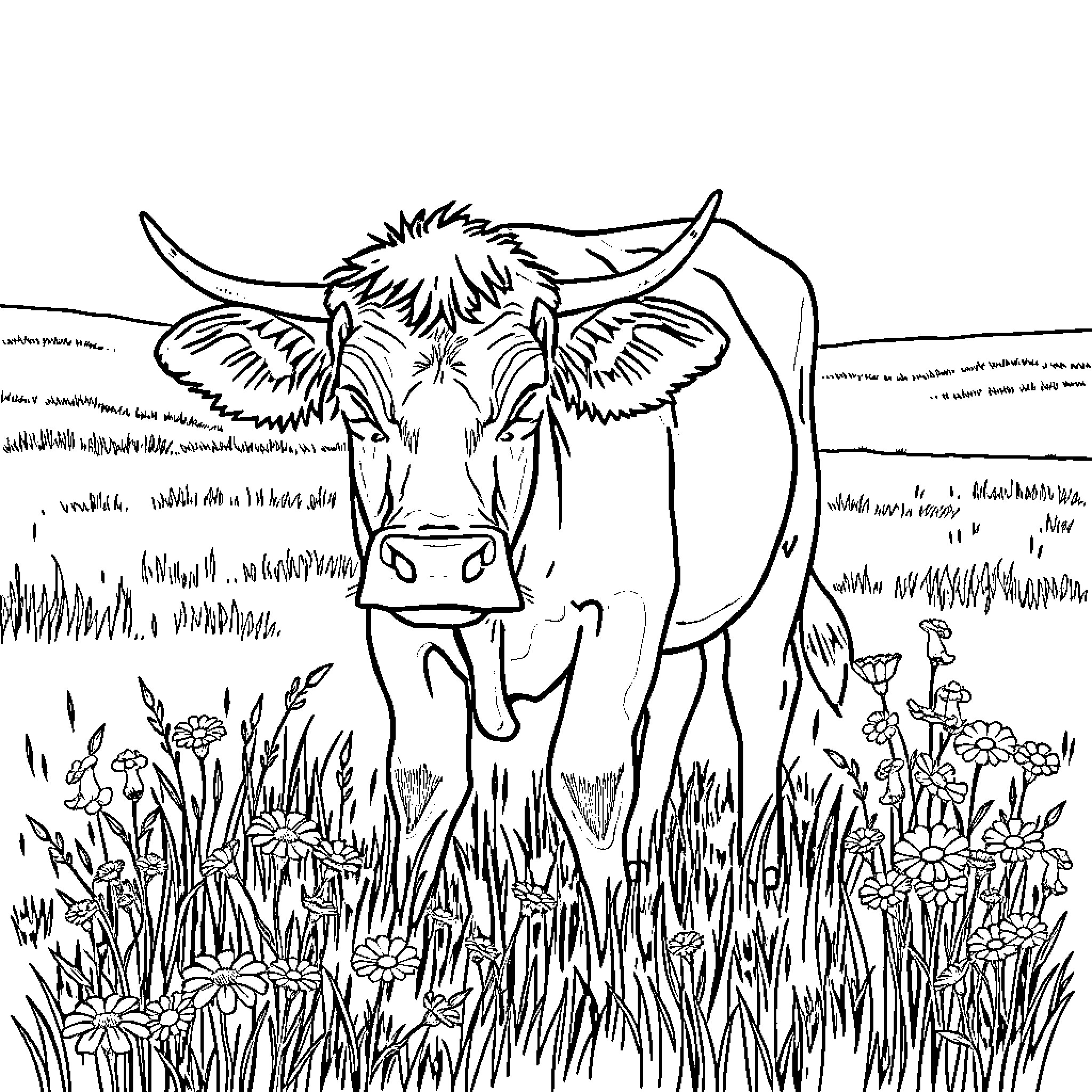 Cow standing amidst colorful flowers in field Coloring Page (free black-and-white line drawing printable PDF for all, from beginners to advanced learners, including children, teens, adults, and seniors)