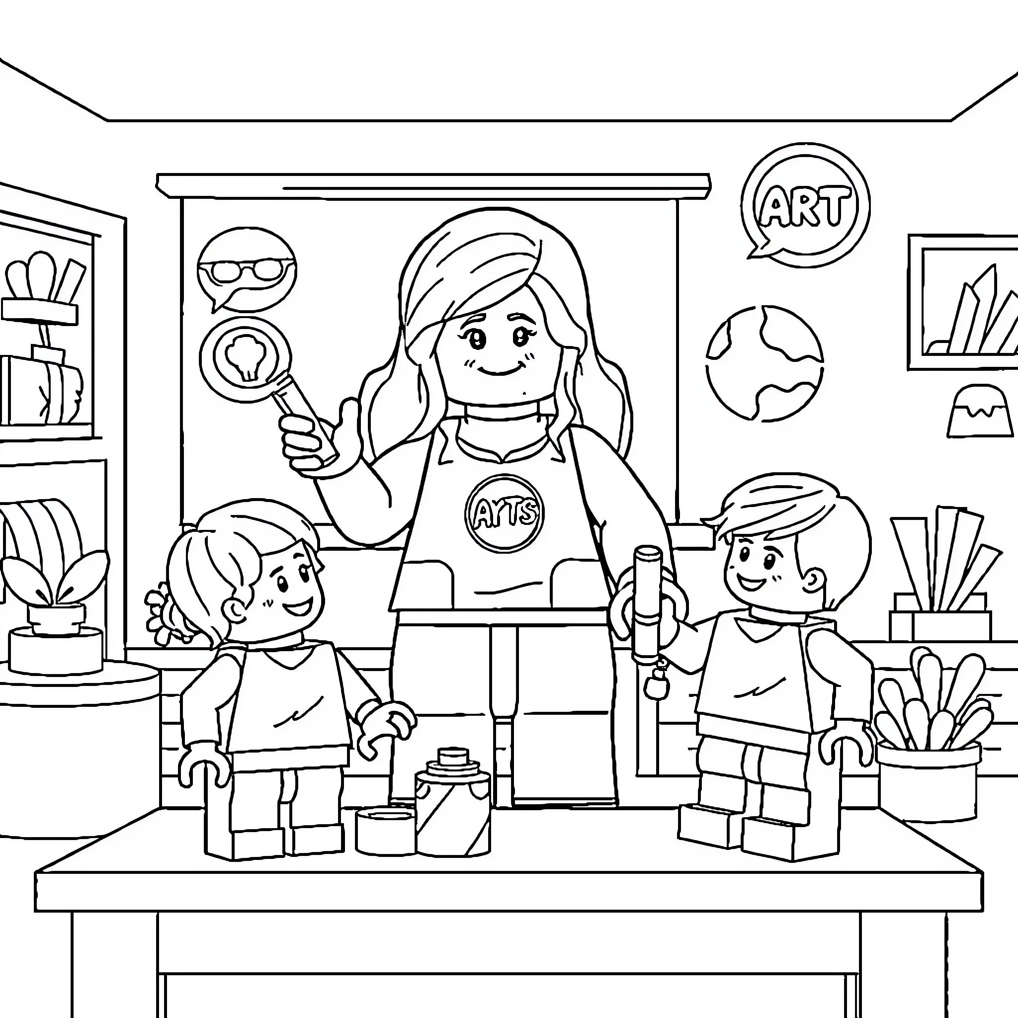 Lego students learning art in classroom Coloring Page (free black-and-white line drawing printable PDF for all, from beginners to advanced learners, including children, teens, adults, and seniors)