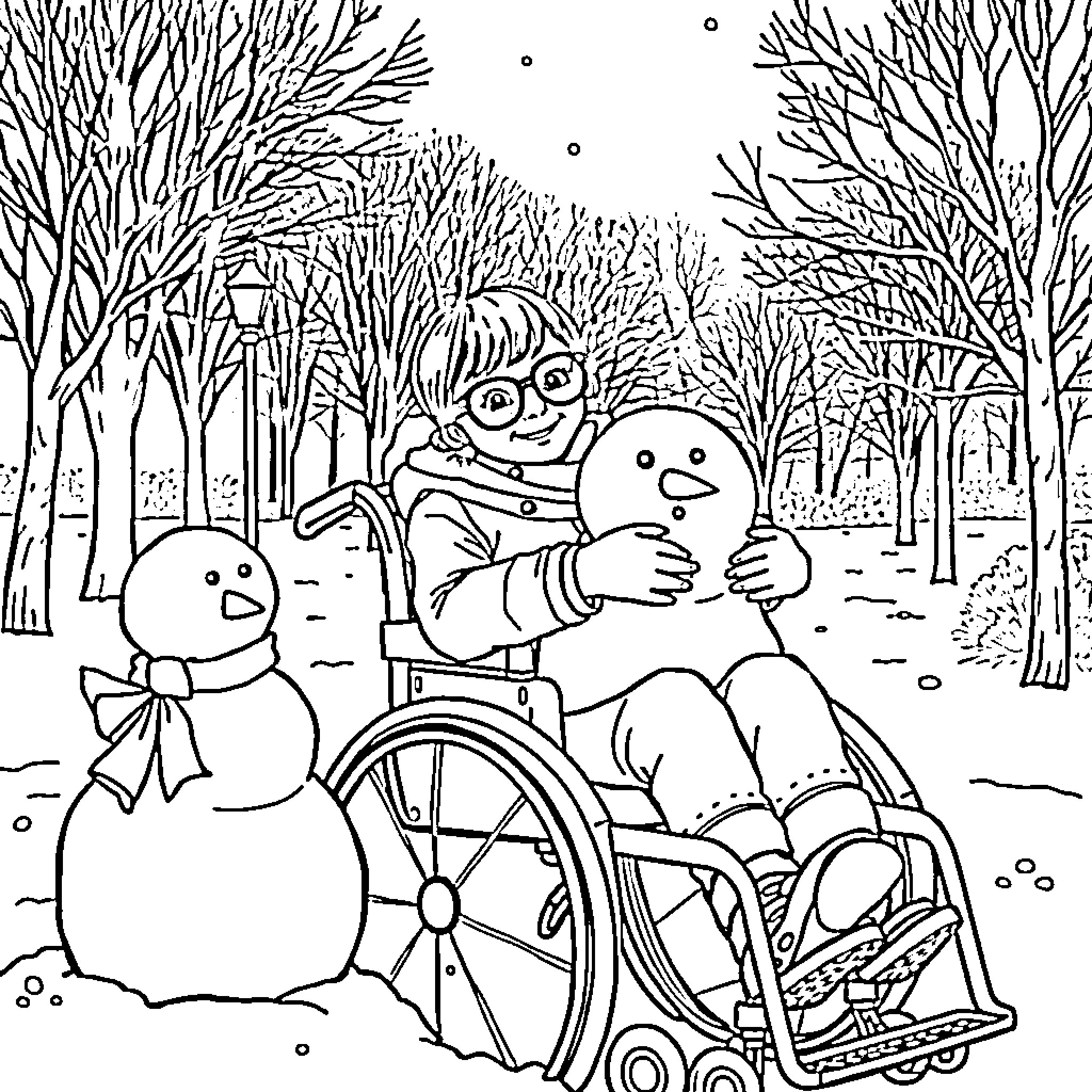 Girl in wheelchair creating a snowman in snowy park Coloring Page (free black-and-white line drawing printable PDF for all, from beginners to advanced learners, including children, teens, adults, and seniors)