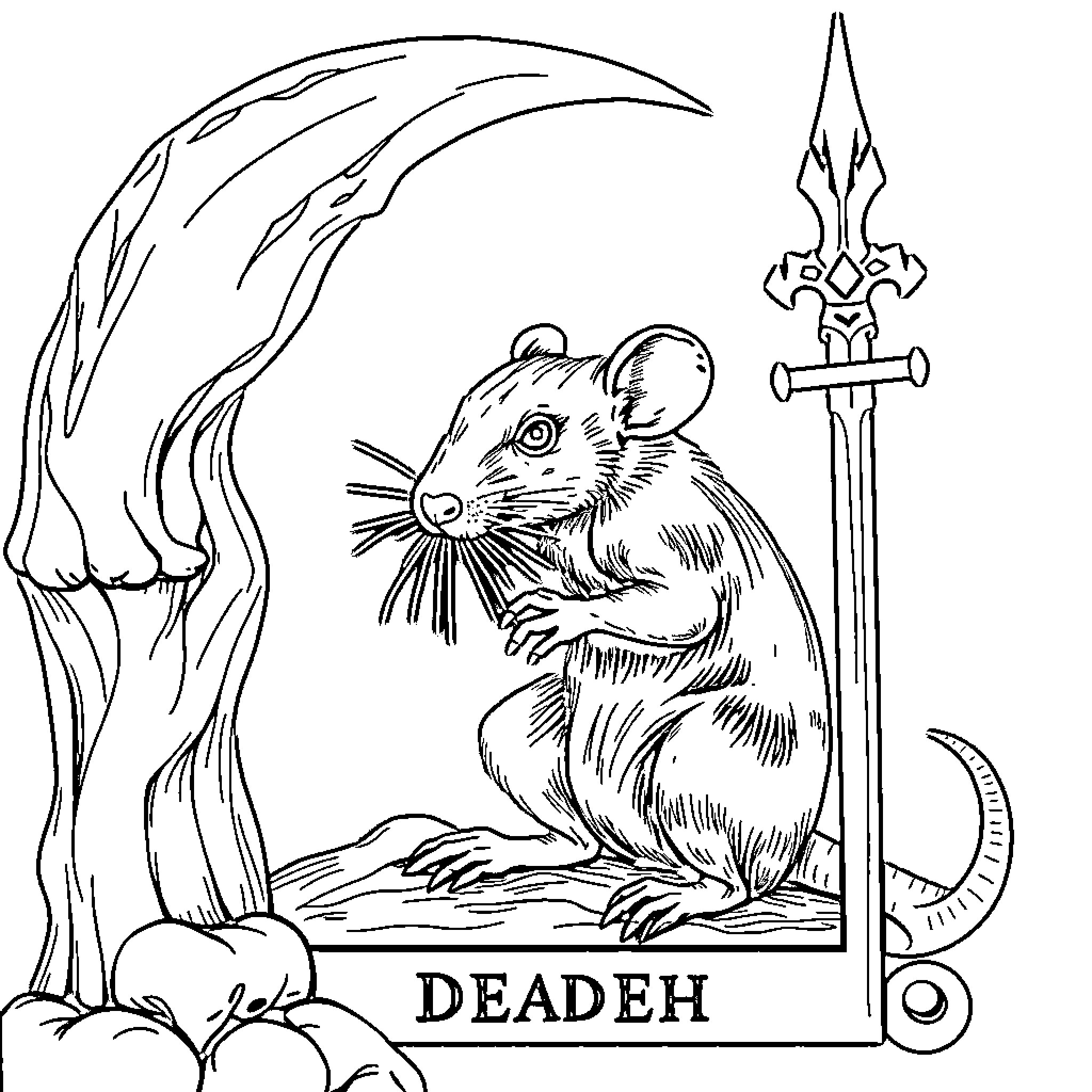 Tarot Card depicting a mouse with a sword Coloring Page (free black-and-white line drawing printable PDF for all, from beginners to advanced learners, including children, teens, adults, and seniors)