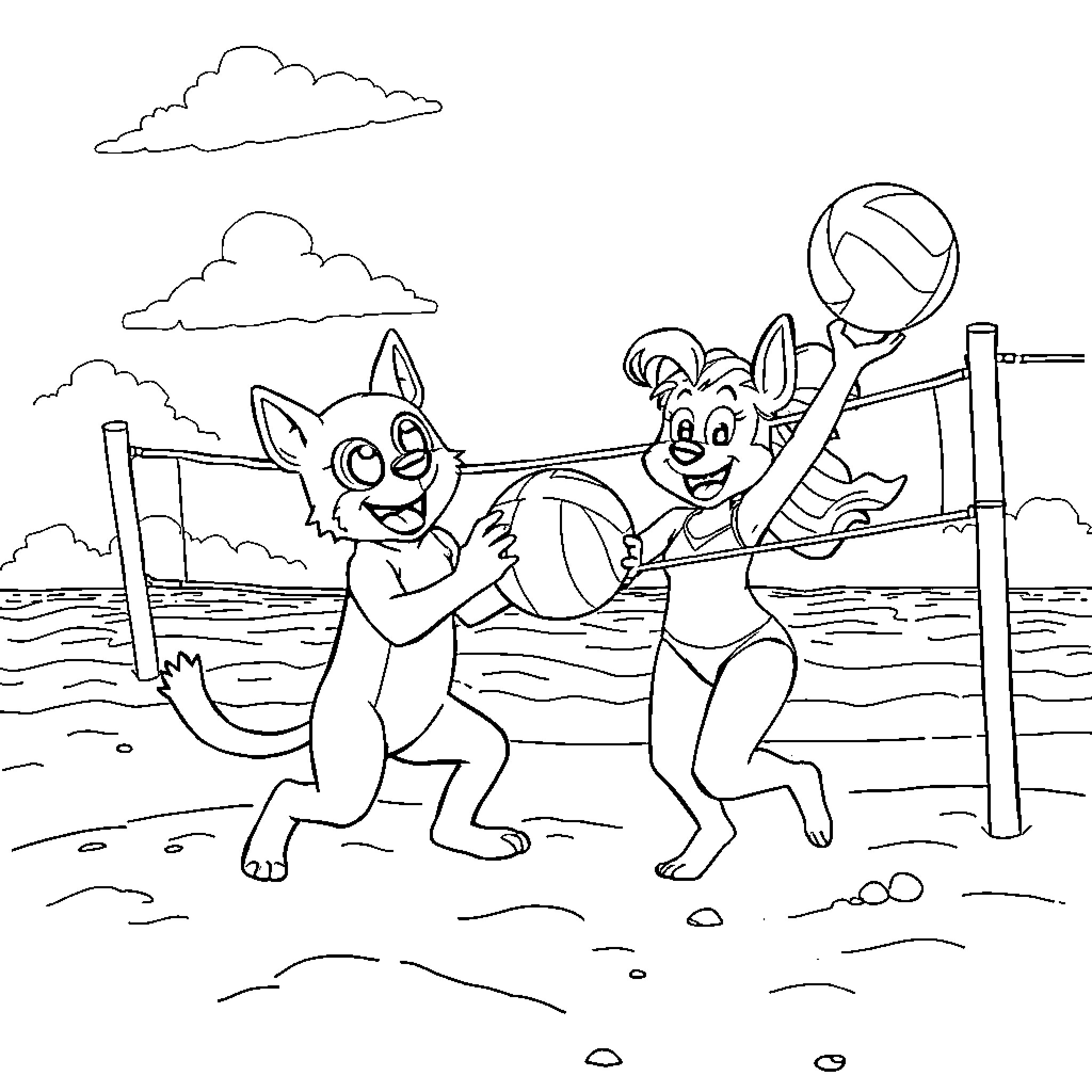 Bluey and friends playing at the beach Coloring Page (free black-and-white line drawing printable PDF for all, from beginners to advanced learners, including children, teens, adults, and seniors)