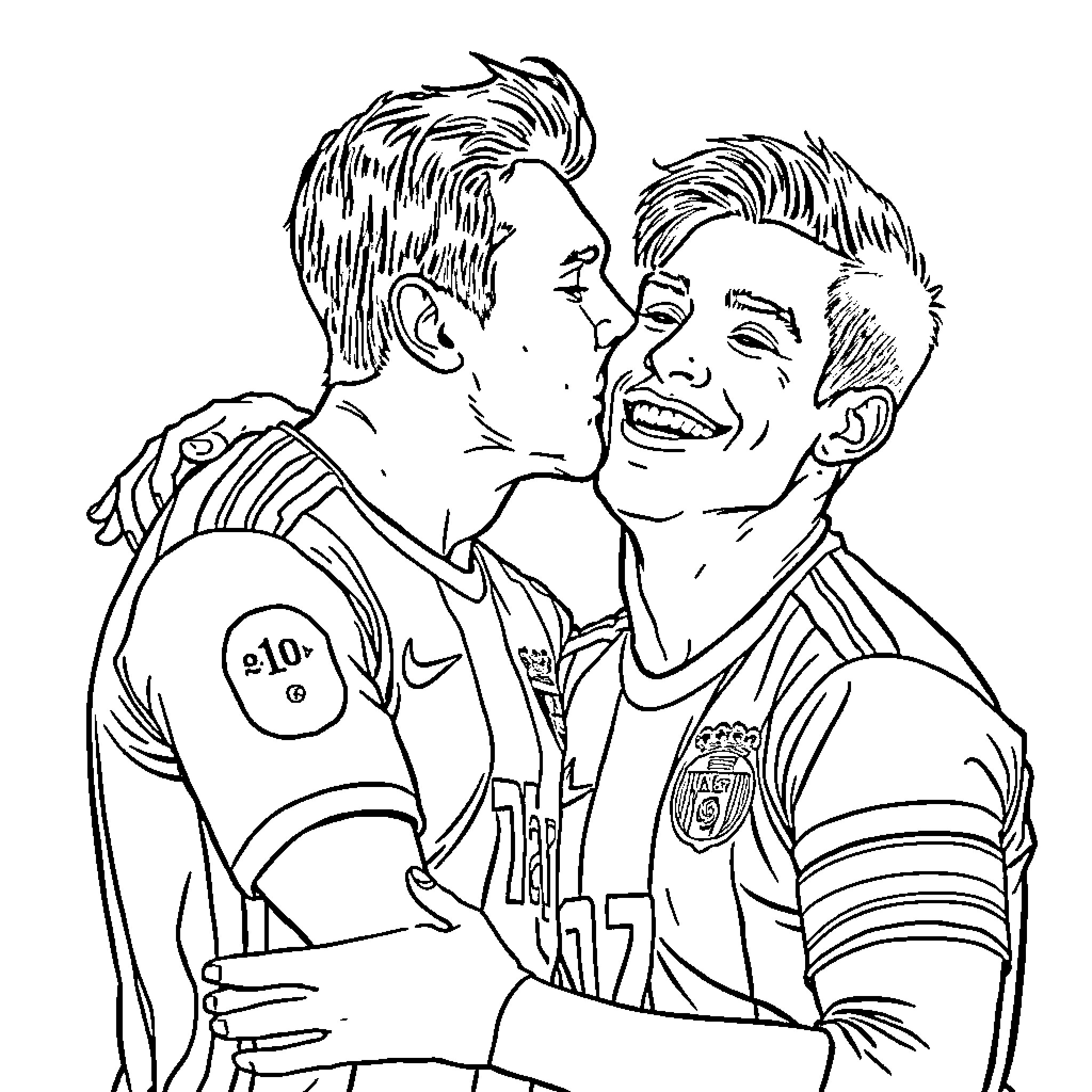 Messi and teammate celebrating victory Coloring Page (free black-and-white line drawing printable PDF for all, from beginners to advanced learners, including children, teens, adults, and seniors)