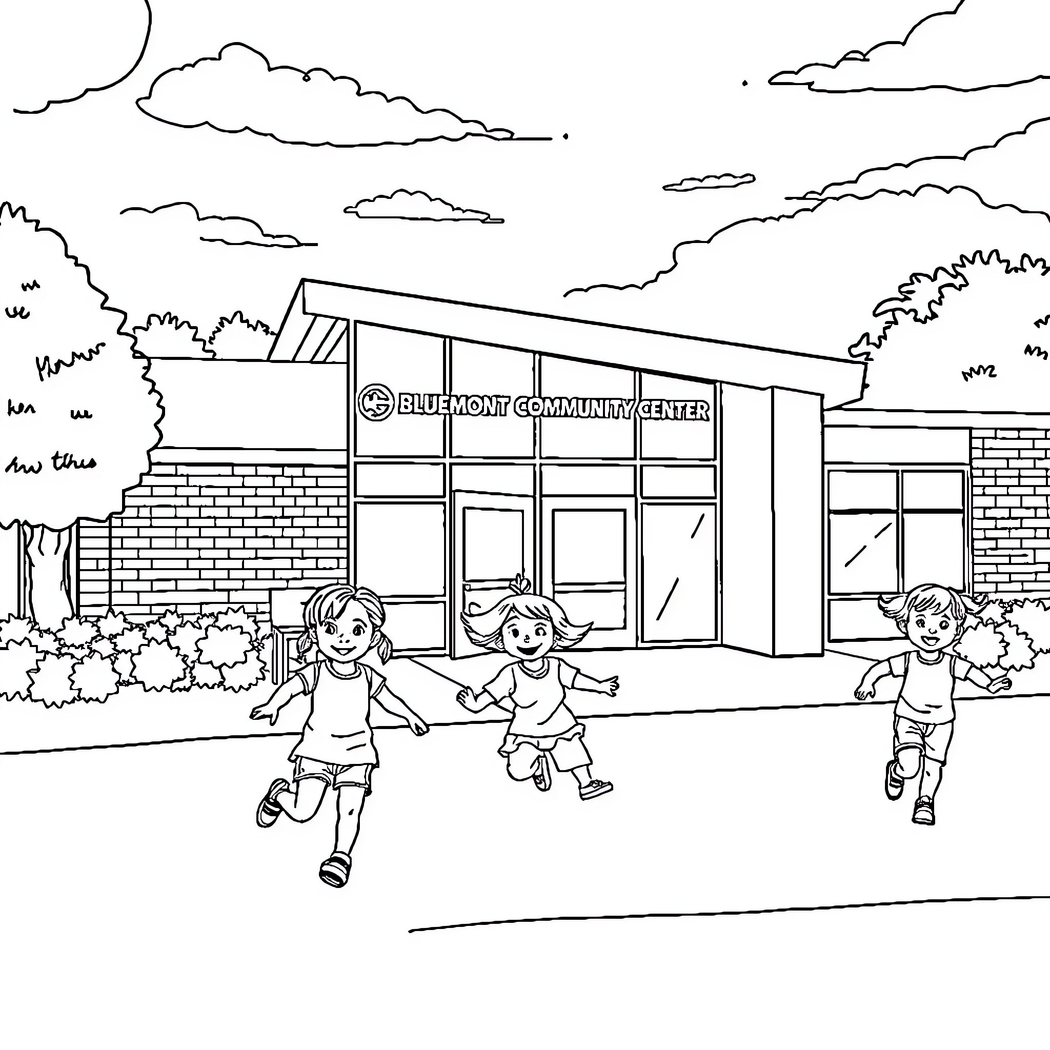 Community Center with Children Playing Outdoors Coloring Page (free black-and-white line drawing printable PDF for all, from beginners to advanced learners, including children, teens, adults, and seniors)