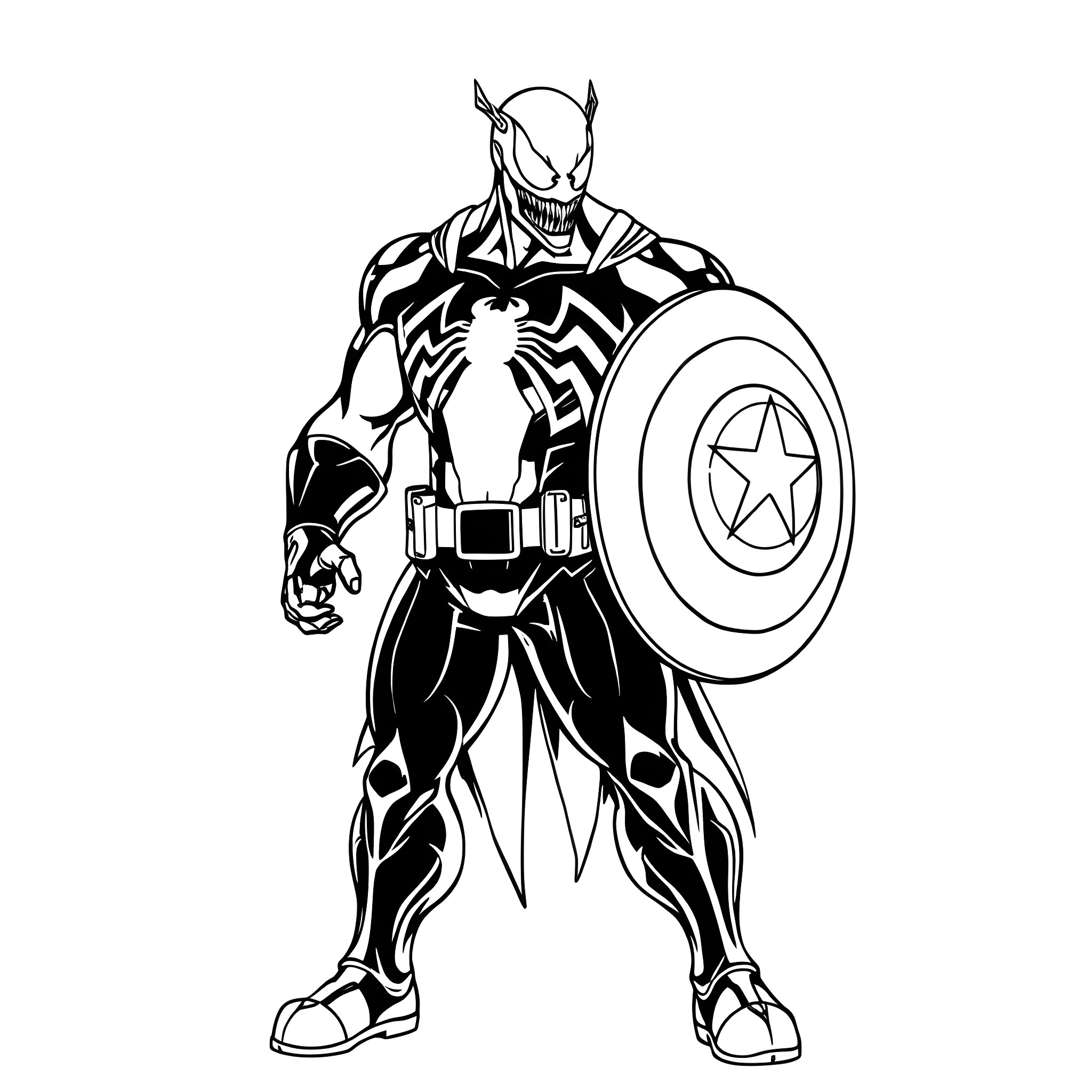 Captain Venom in heroic action pose with shield Coloring Page (free black-and-white line drawing printable PDF for all, from beginners to advanced learners, including children, teens, adults, and seniors)