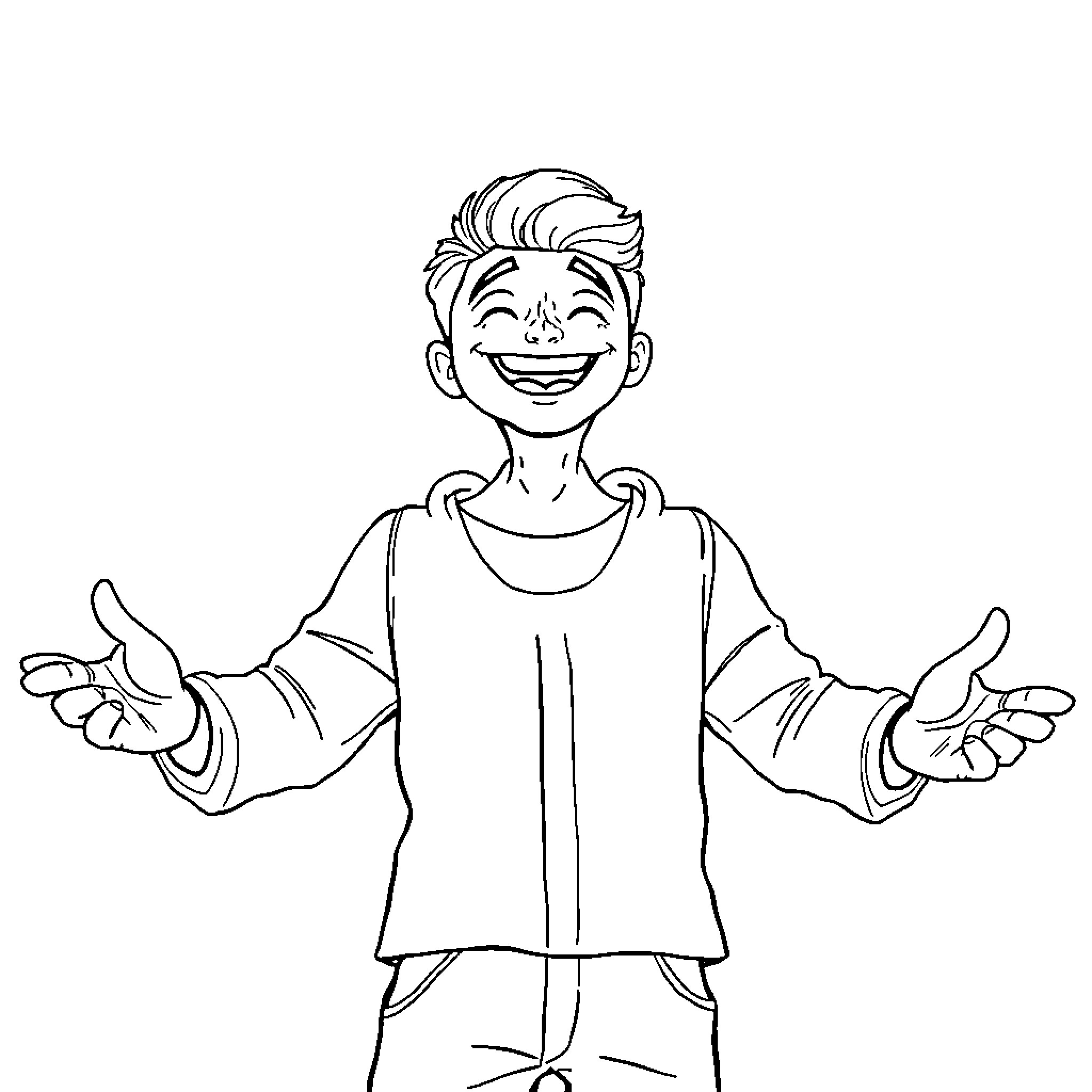 Man smiling and gesturing with hands Coloring Page (free black-and-white line drawing printable PDF for all, from beginners to advanced learners, including children, teens, adults, and seniors)