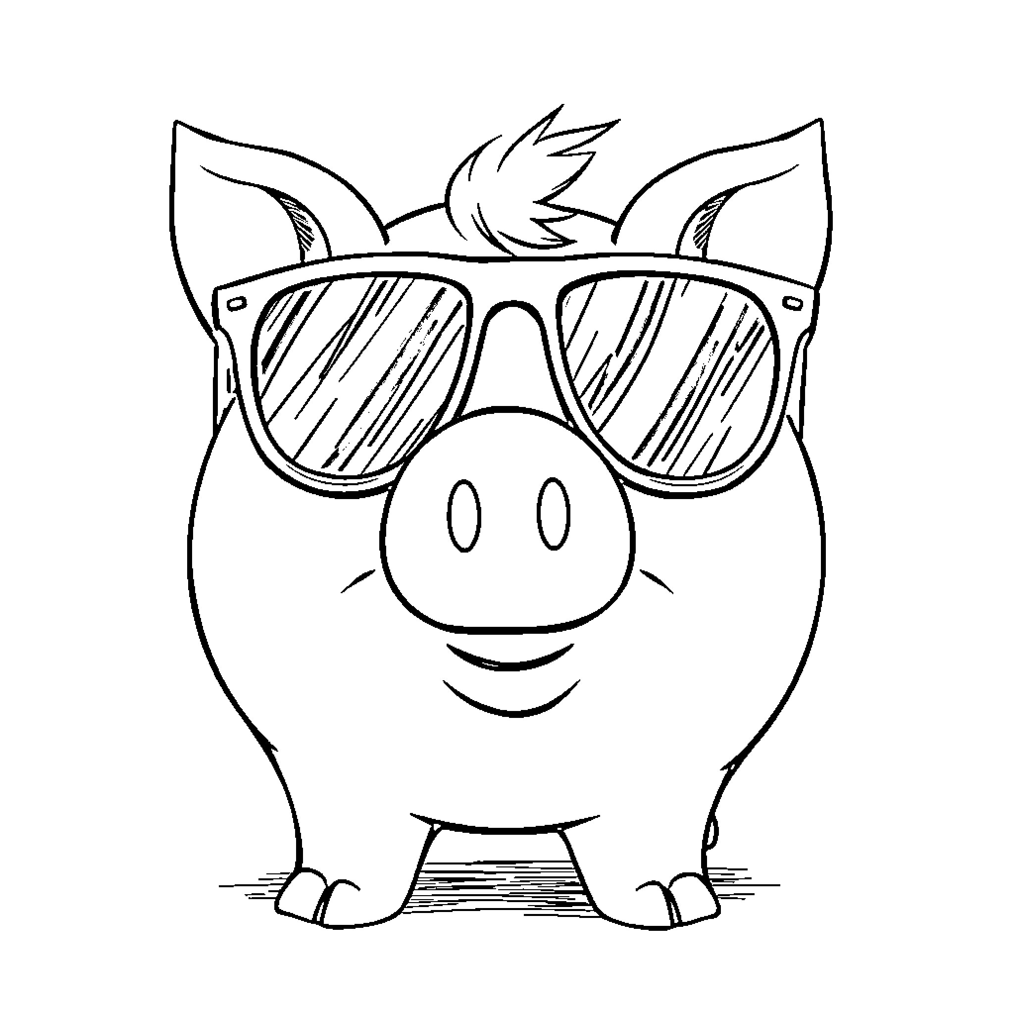 Piggy Bank wearing cool sunglasses Coloring Page (free black-and-white line drawing printable PDF for all, from beginners to advanced learners, including children, teens, adults, and seniors)