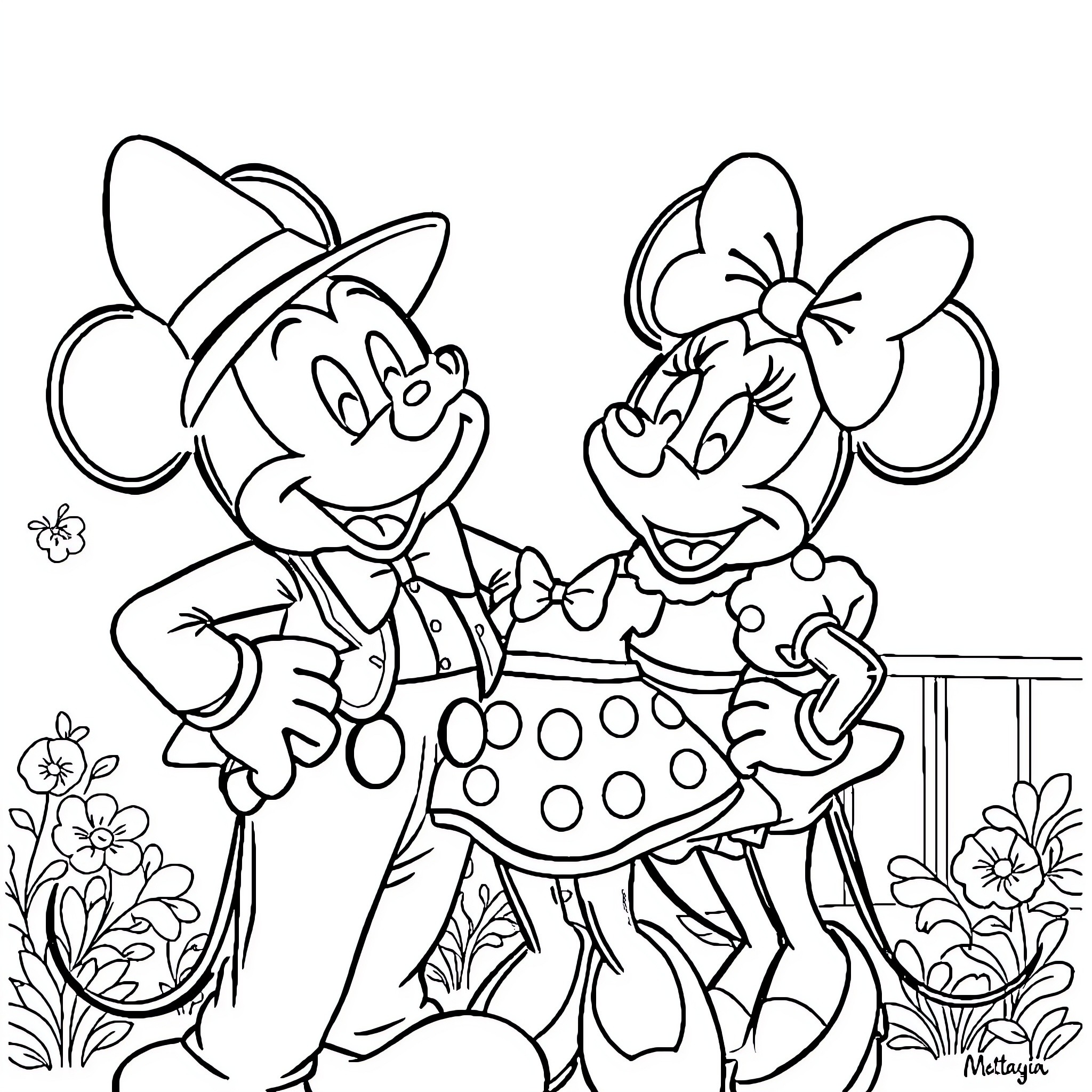 Mickey Mouse and Minnie Mouse in Polka Dot Outfits Coloring Page (free black-and-white line drawing printable PDF for all, from beginners to advanced learners, including children, teens, adults, and seniors)