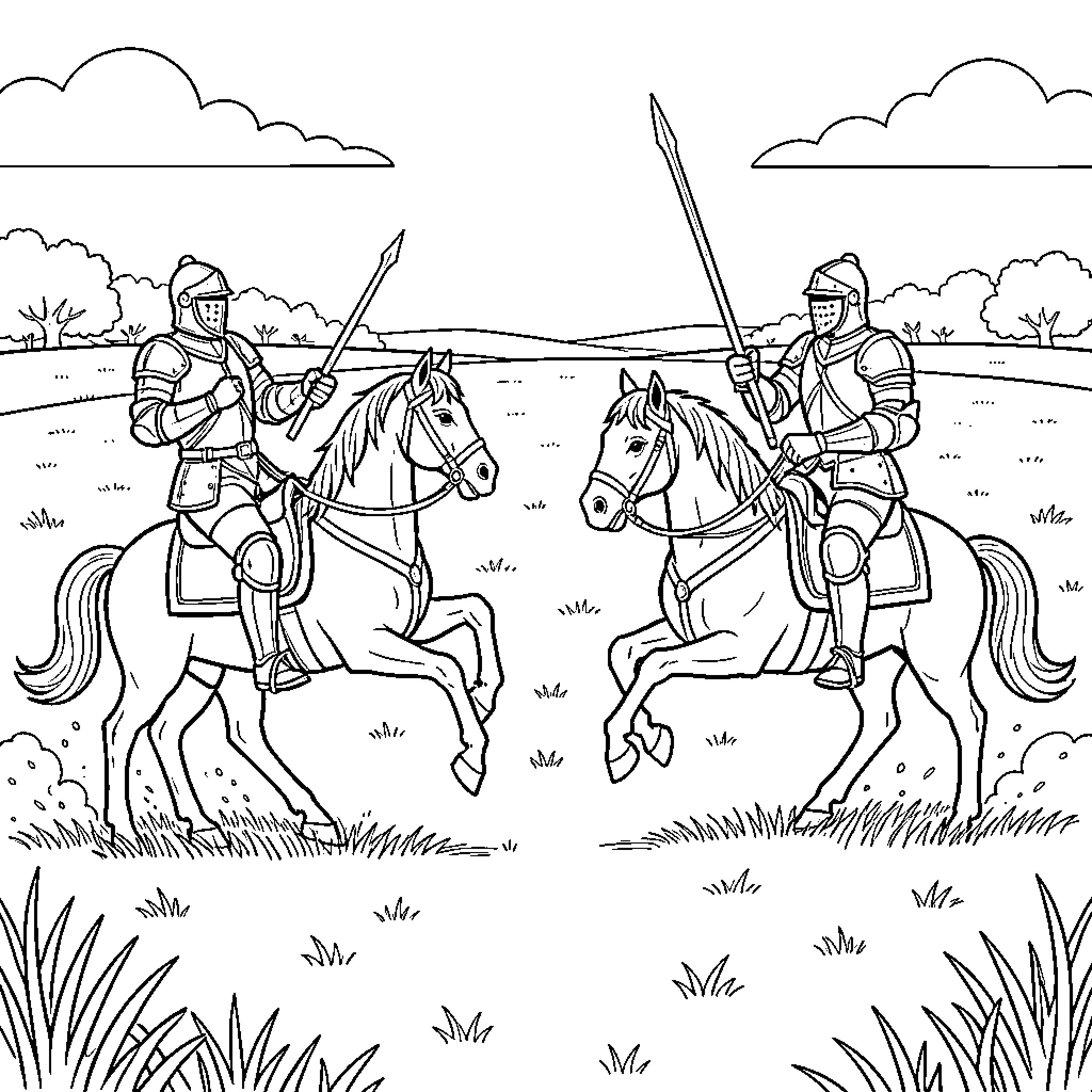 Knight in armor engaging in a mounted duel Coloring Page (free black-and-white line drawing printable PDF for all, from beginners to advanced learners, including children, teens, adults, and seniors)