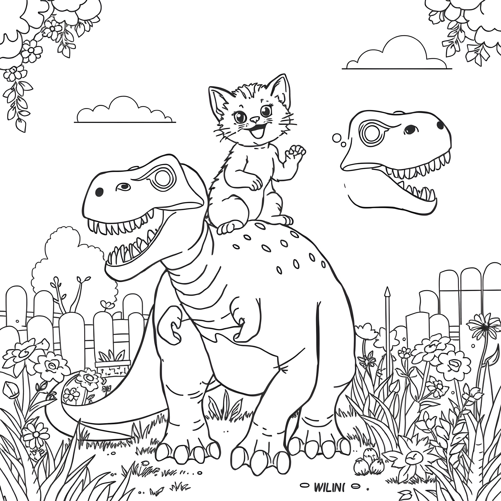 Kitten riding on a friendly dinosaur in the garden Coloring Page (free black-and-white line drawing printable PDF for all, from beginners to advanced learners, including children, teens, adults, and seniors)