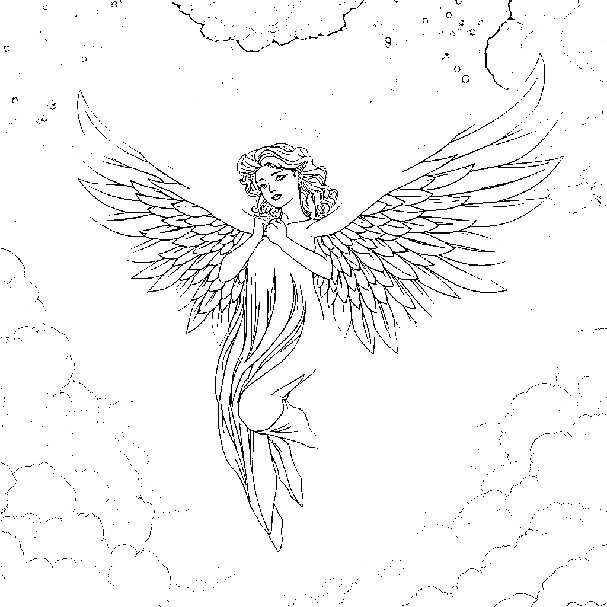 Angel with outstretched wings in the clouds Coloring Page (free black-and-white line drawing printable PDF for all, from beginners to advanced learners, including children, teens, adults, and seniors)
