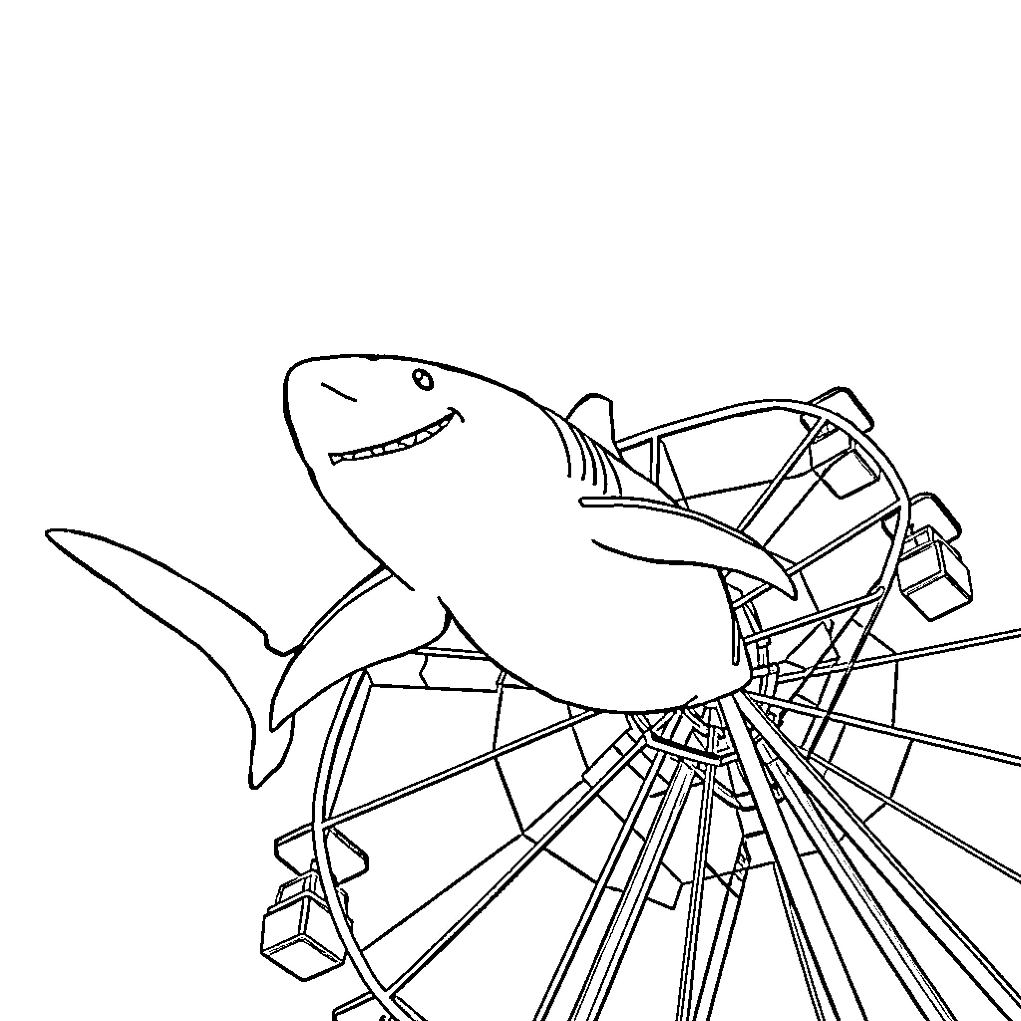 Shark breaking through the frame Coloring Page (free black-and-white line drawing printable PDF for all, from beginners to advanced learners, including children, teens, adults, and seniors)