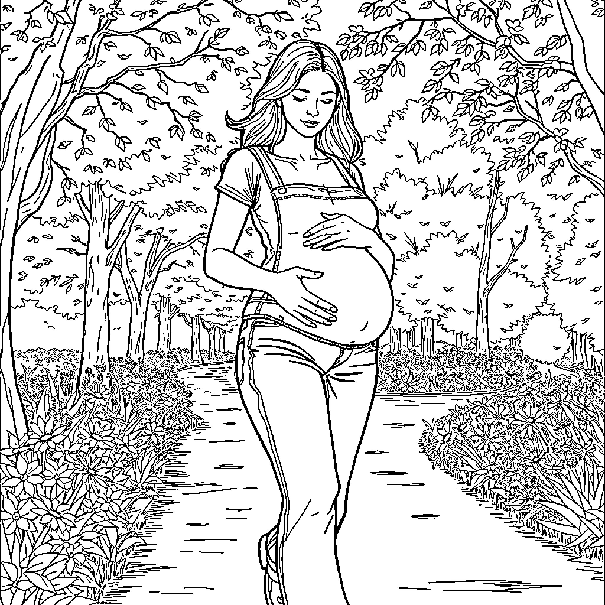 Mother walking peacefully in nature Coloring Page (free black-and-white line drawing printable PDF for all, from beginners to advanced learners, including children, teens, adults, and seniors)