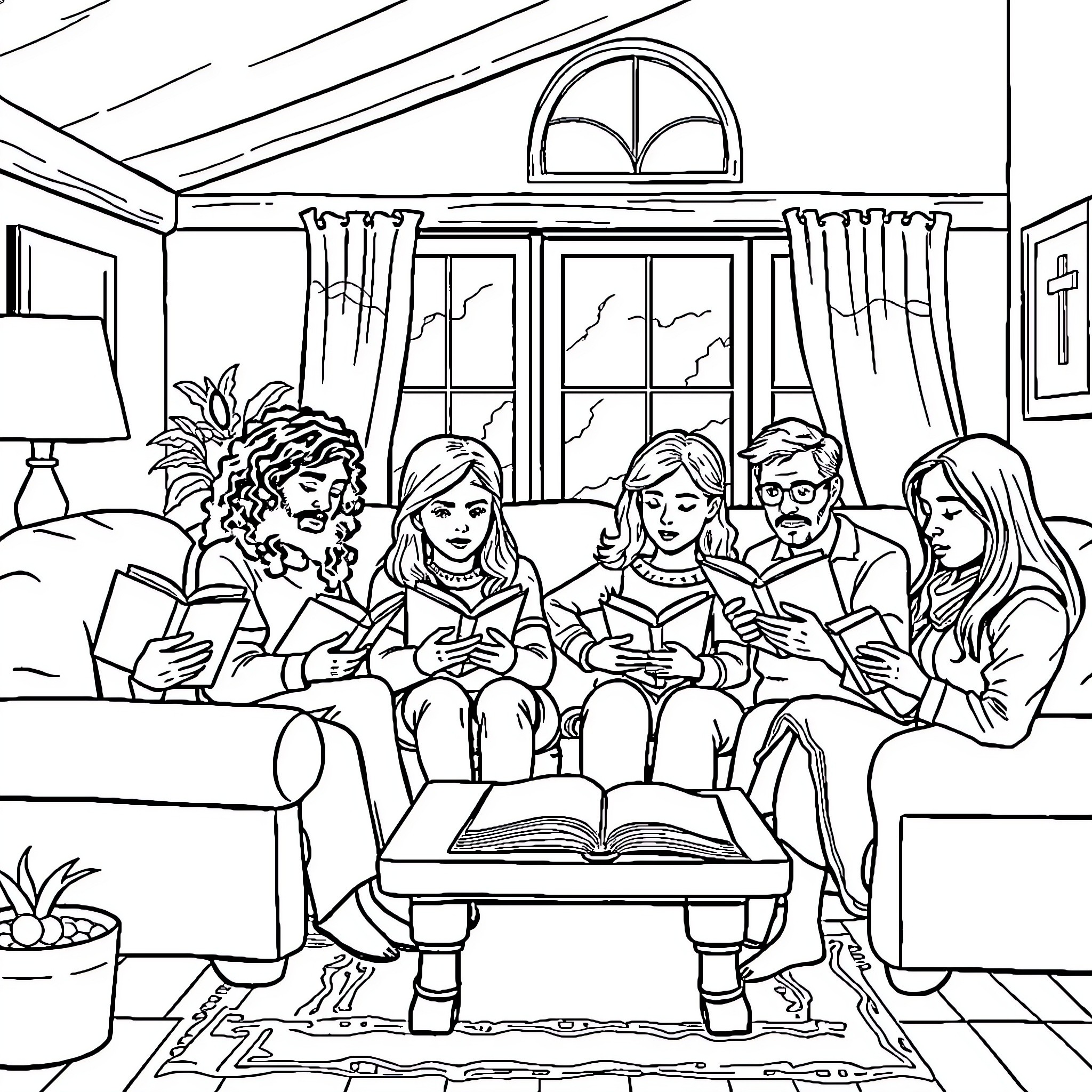 Person Reading Books with Friends in Cozy Room Coloring Page (free black-and-white line drawing printable PDF for all, from beginners to advanced learners, including children, teens, adults, and seniors)