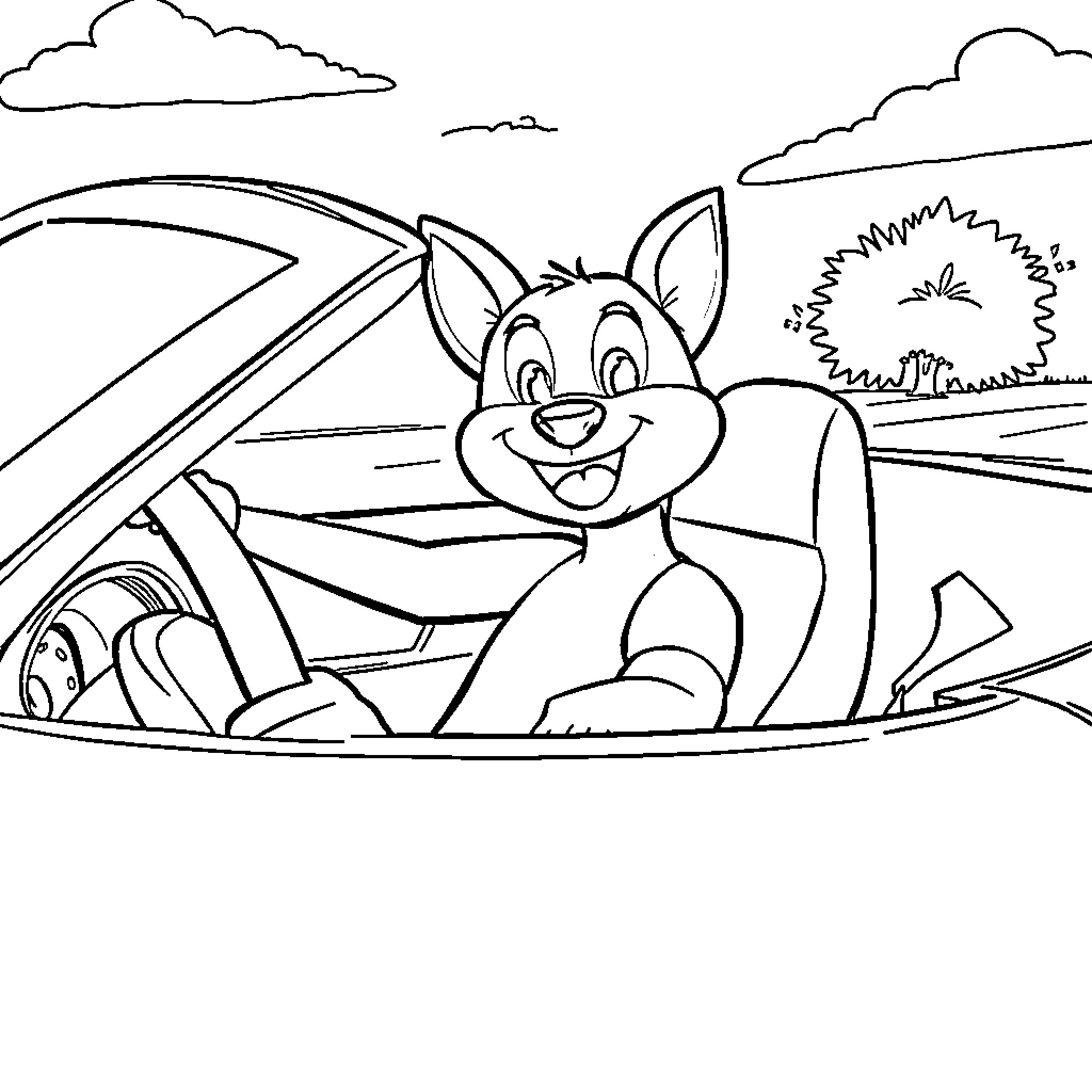 Bluey playing happily in the car on the road Coloring Page (free black-and-white line drawing printable PDF for all, from beginners to advanced learners, including children, teens, adults, and seniors)