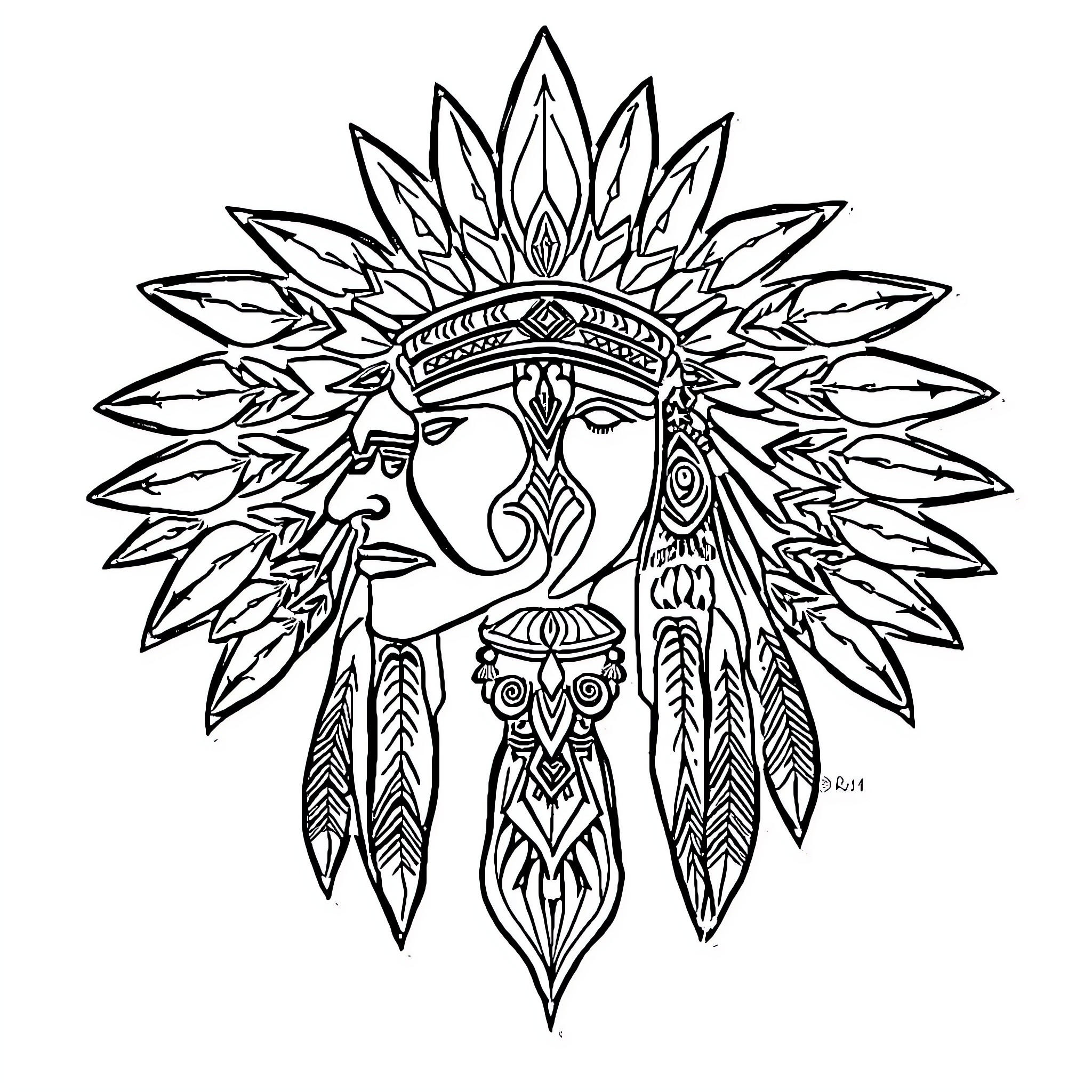 Native American Artwork of Tribal Chief in Headdress Coloring Page (free black-and-white line drawing printable PDF for all, from beginners to advanced learners, including children, teens, adults, and seniors)