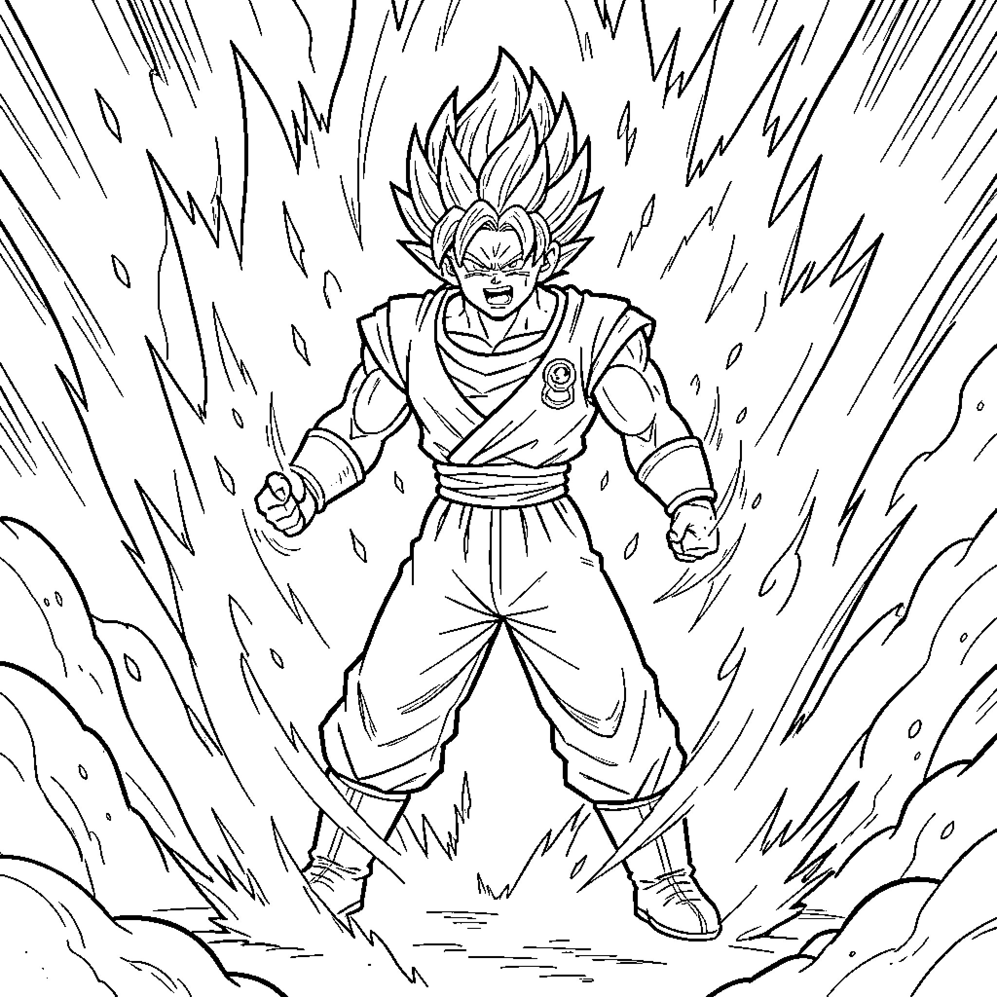 Vegeta powering up intensely amidst a surging aura Coloring Page (free black-and-white line drawing printable PDF for all, from beginners to advanced learners, including children, teens, adults, and seniors)