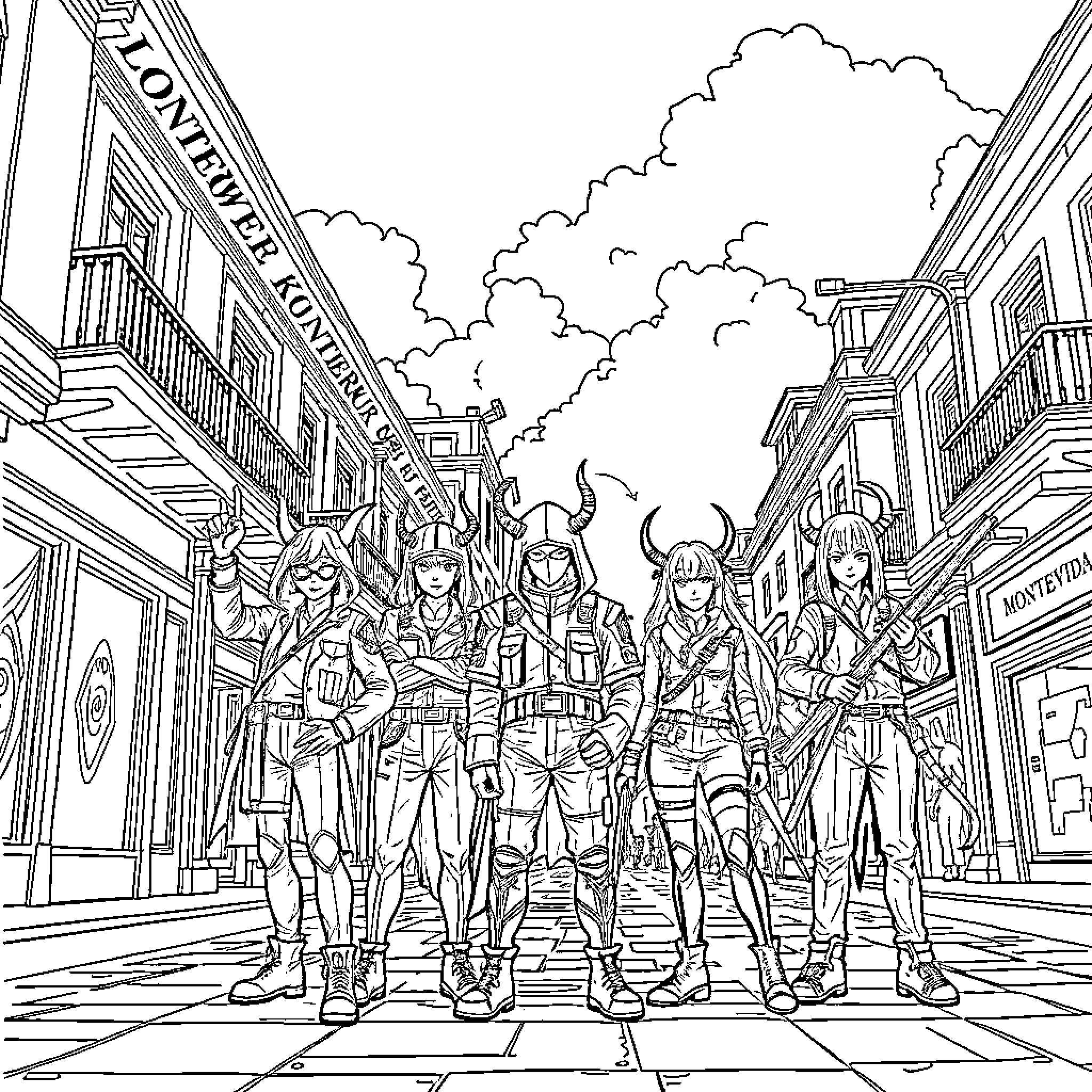 Demon Hunters in Fearless Formation Coloring Page (free black-and-white line drawing printable PDF for all, from beginners to advanced learners, including children, teens, adults, and seniors)