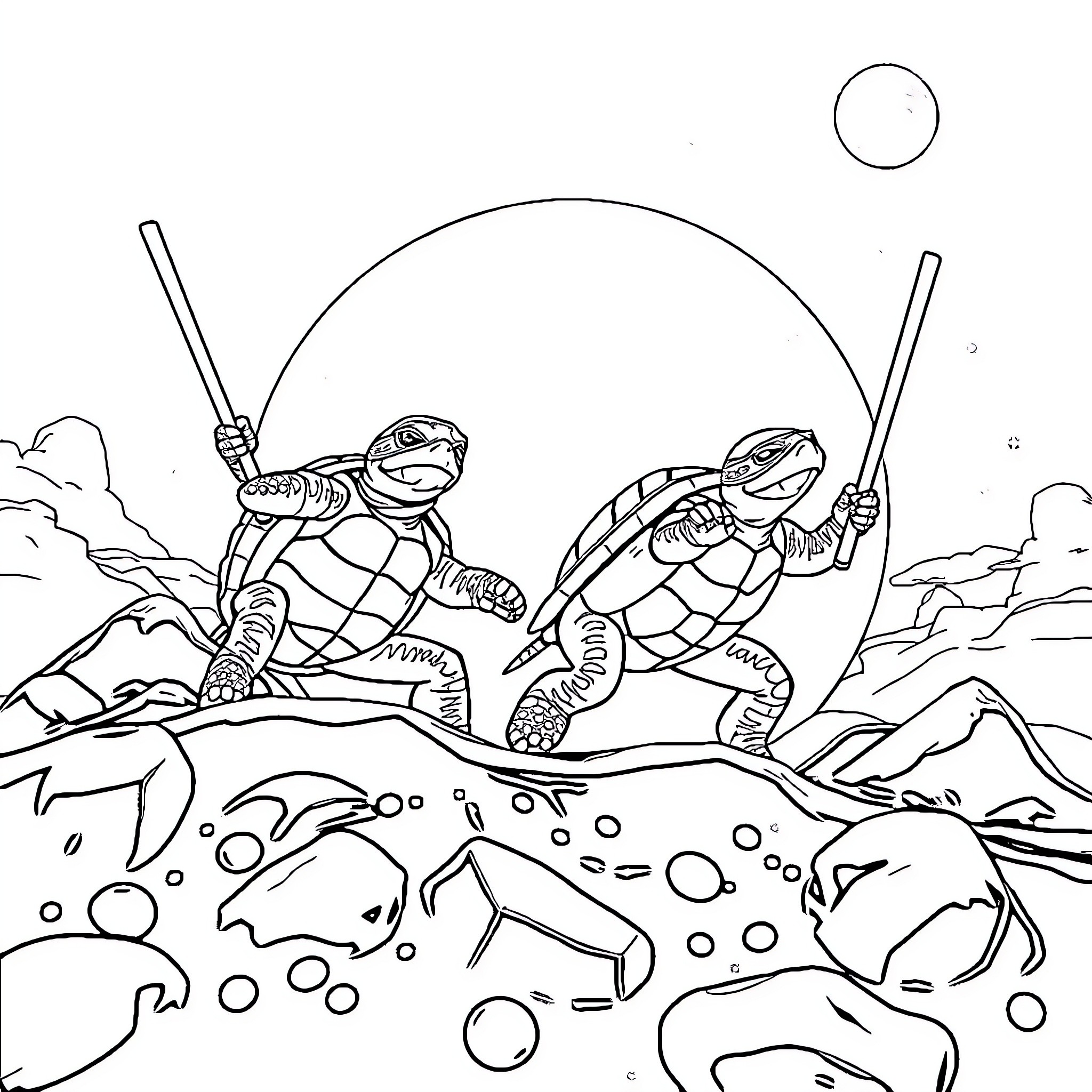 Ninja Turtles battling in a rocky landscape Coloring Page (free black-and-white line drawing printable PDF for all, from beginners to advanced learners, including children, teens, adults, and seniors)