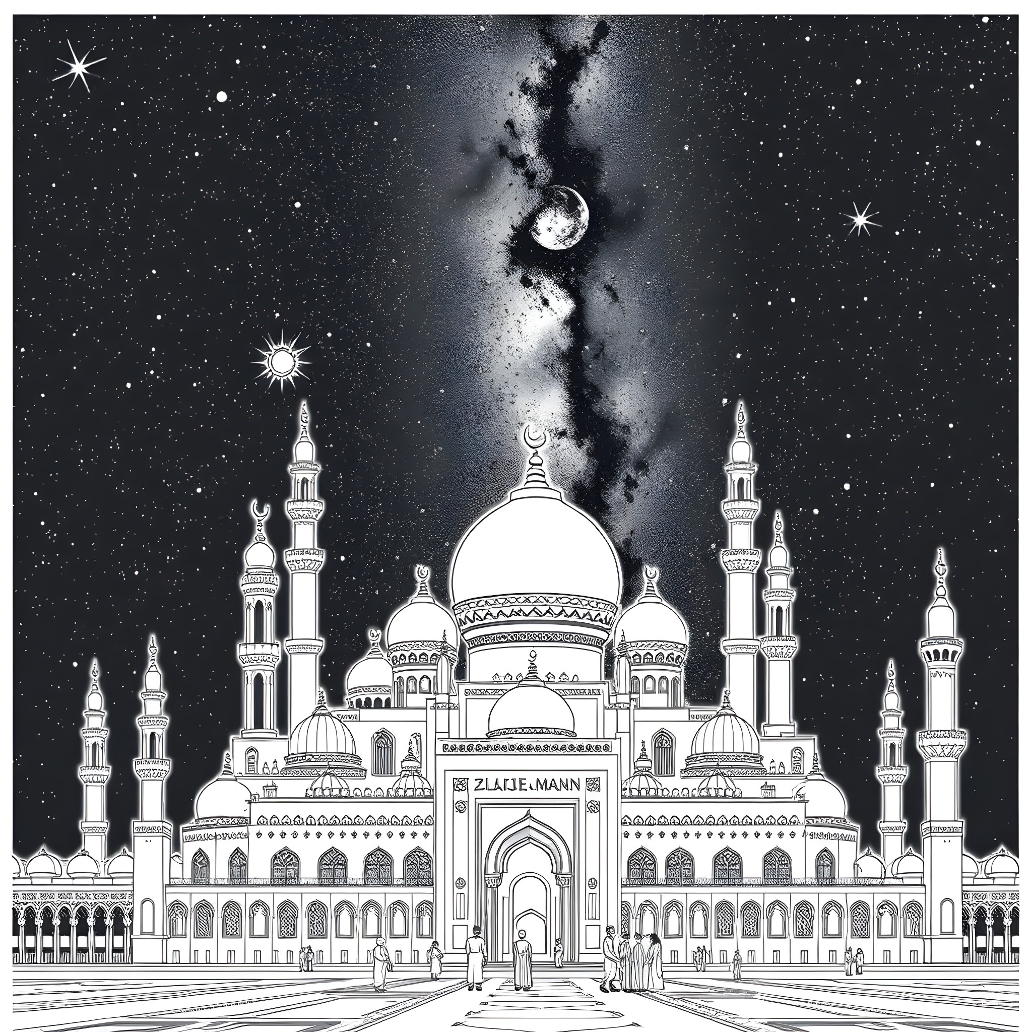 Palace of Moons and Domes under a Starry Sky Coloring Page (free black-and-white line drawing printable PDF for all, from beginners to advanced learners, including children, teens, adults, and seniors)