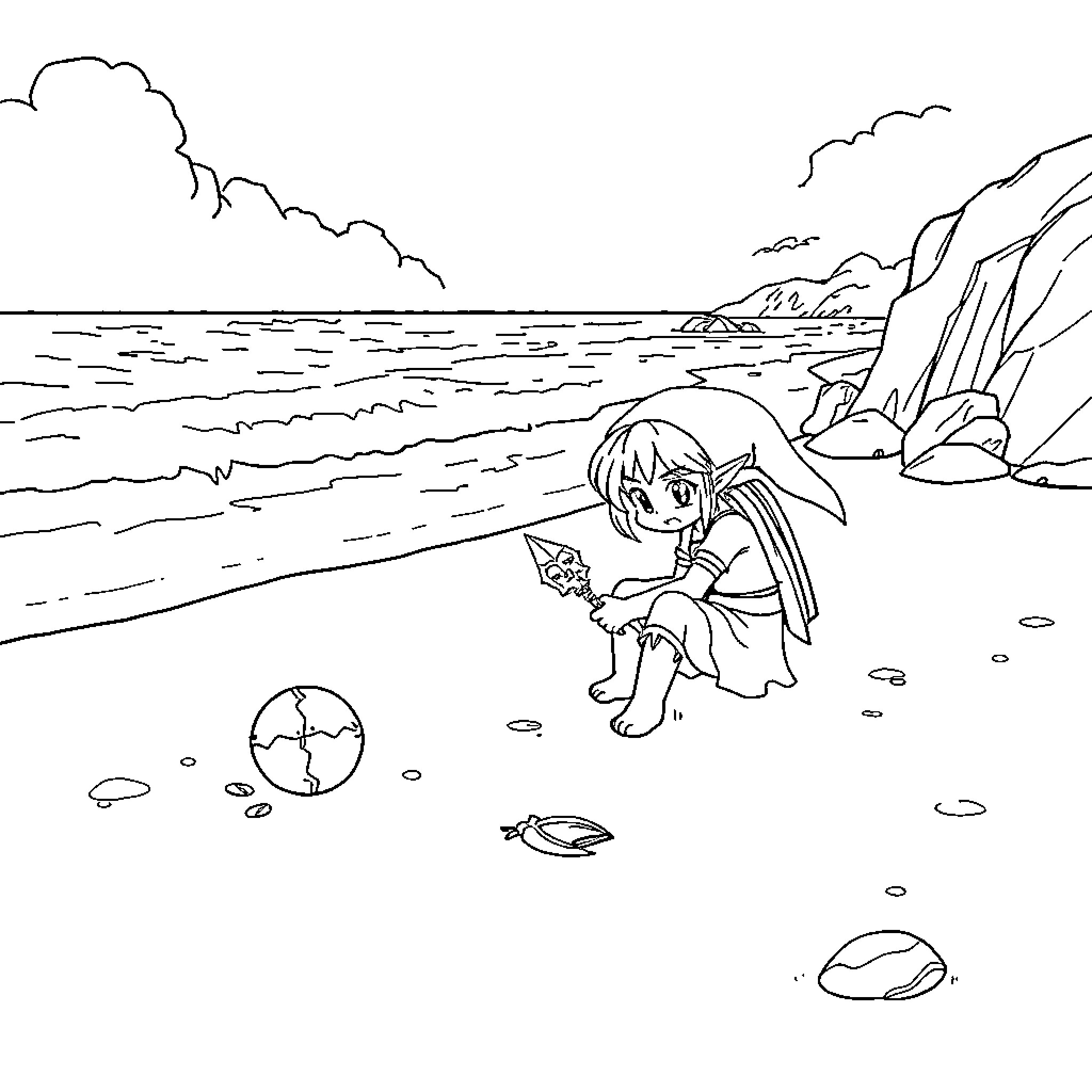 Zelda exploring a beach with seashells Coloring Page (free black-and-white line drawing printable PDF for all, from beginners to advanced learners, including children, teens, adults, and seniors)