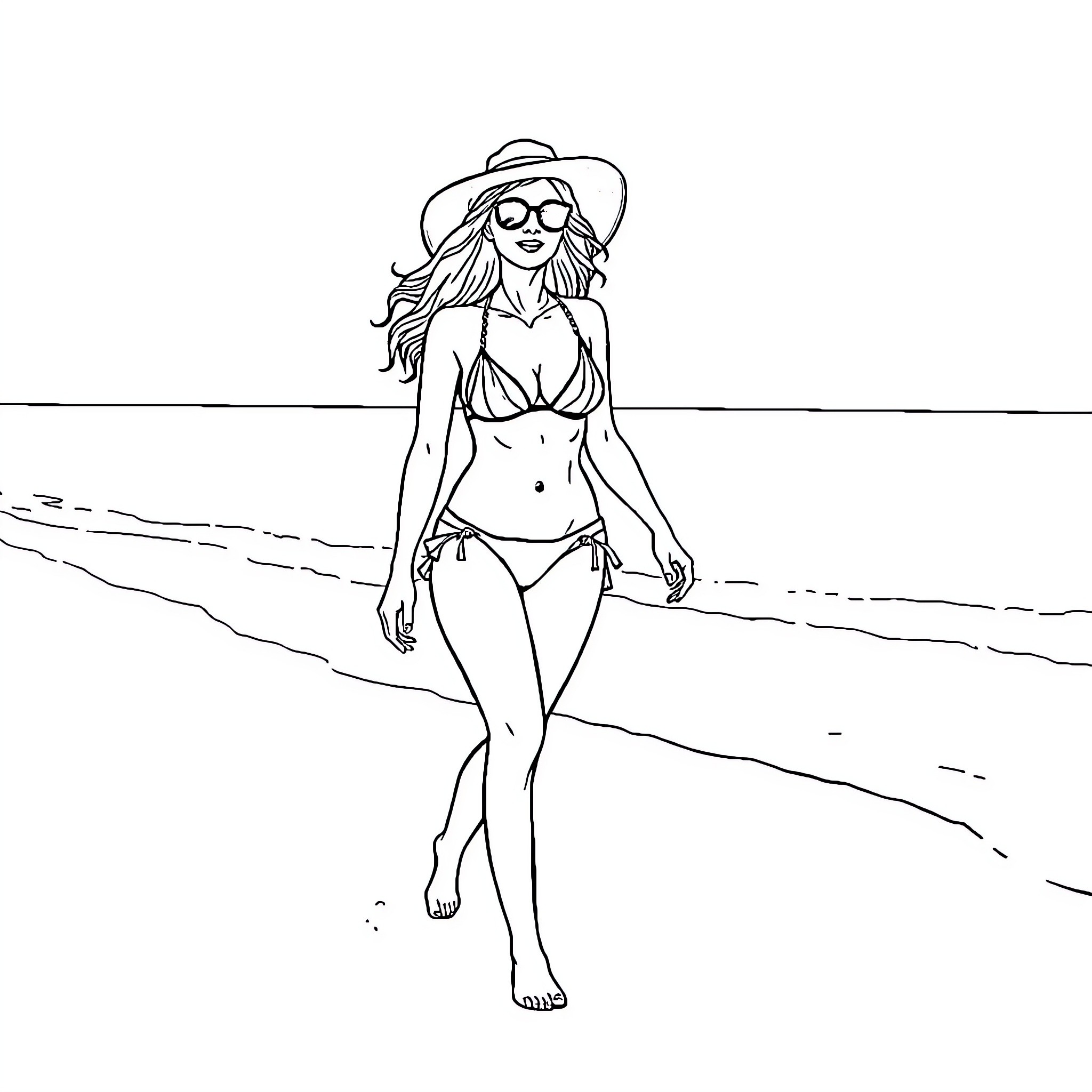 Woman walking confidently on the beach Coloring Page (free black-and-white line drawing printable PDF for all, from beginners to advanced learners, including children, teens, adults, and seniors)