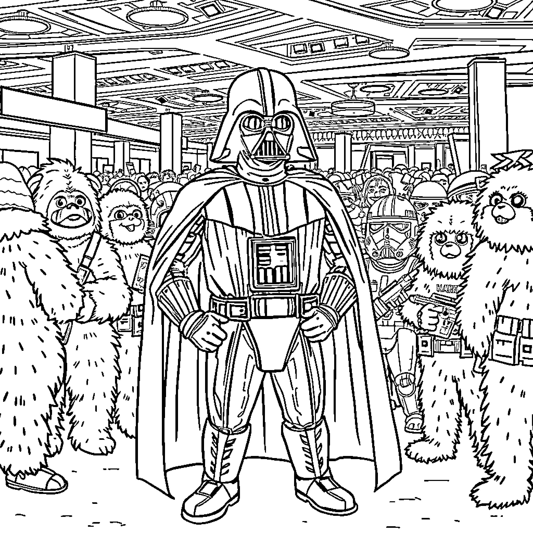 Darth Vader confronting strange creatures in a futuristic setting Coloring Page (free black-and-white line drawing printable PDF for all, from beginners to advanced learners, including children, teens, adults, and seniors)
