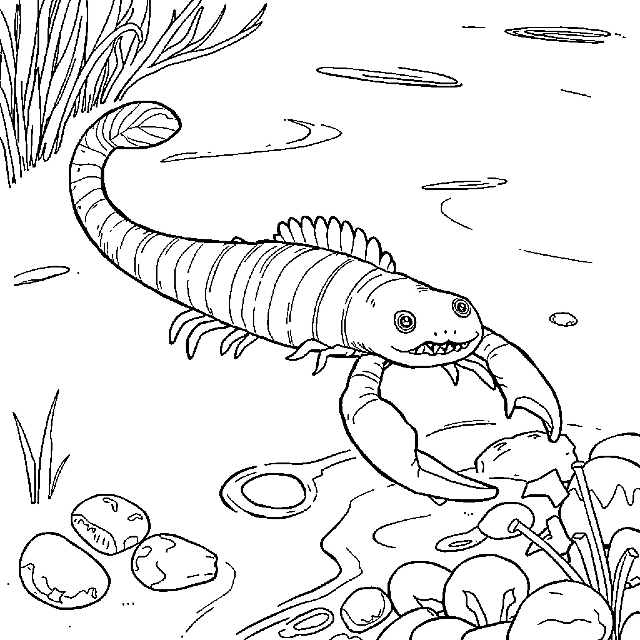 Eel swimming through the underwater habitat Coloring Page (free black-and-white line drawing printable PDF for all, from beginners to advanced learners, including children, teens, adults, and seniors)
